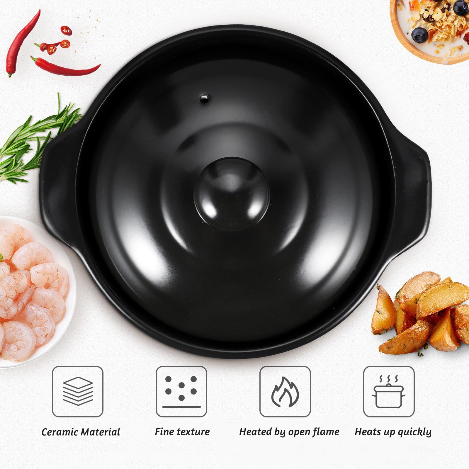 Pentola in Ceramica Nera Coperchio, per Cucina e Cottura | Distribuzione Uniforme del Calore, Conserva Calore, Praticità Elevata, Uso Domestico Quotidiano