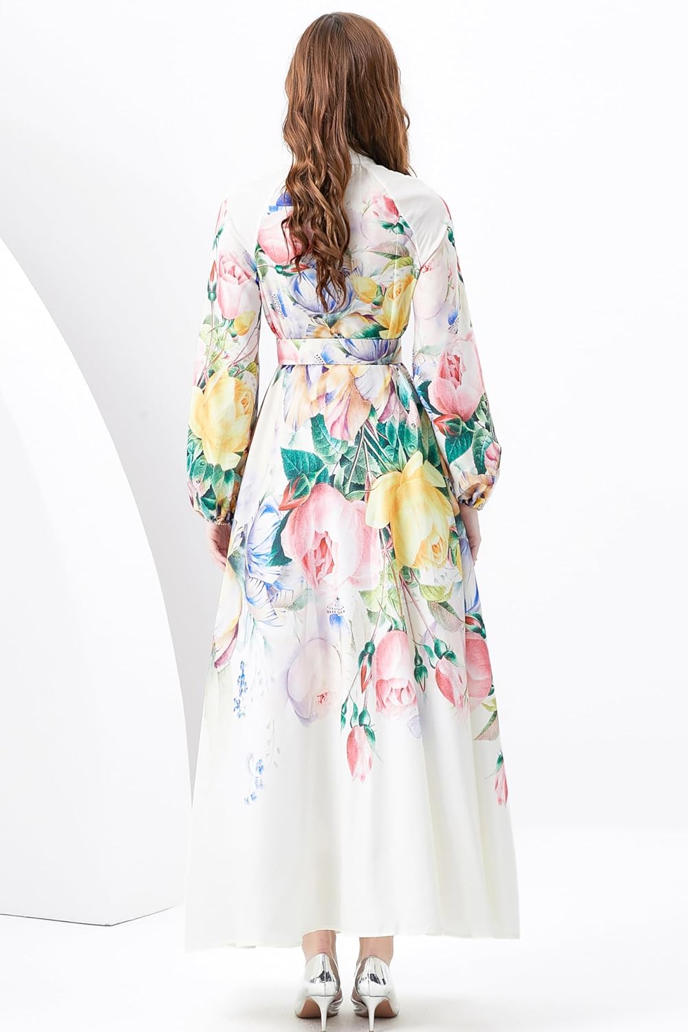 LAI MENG FIVE CATS Women's Floral Print Puff Sleeve Button Up Split Party Flowy Maxi Dress - Image 5