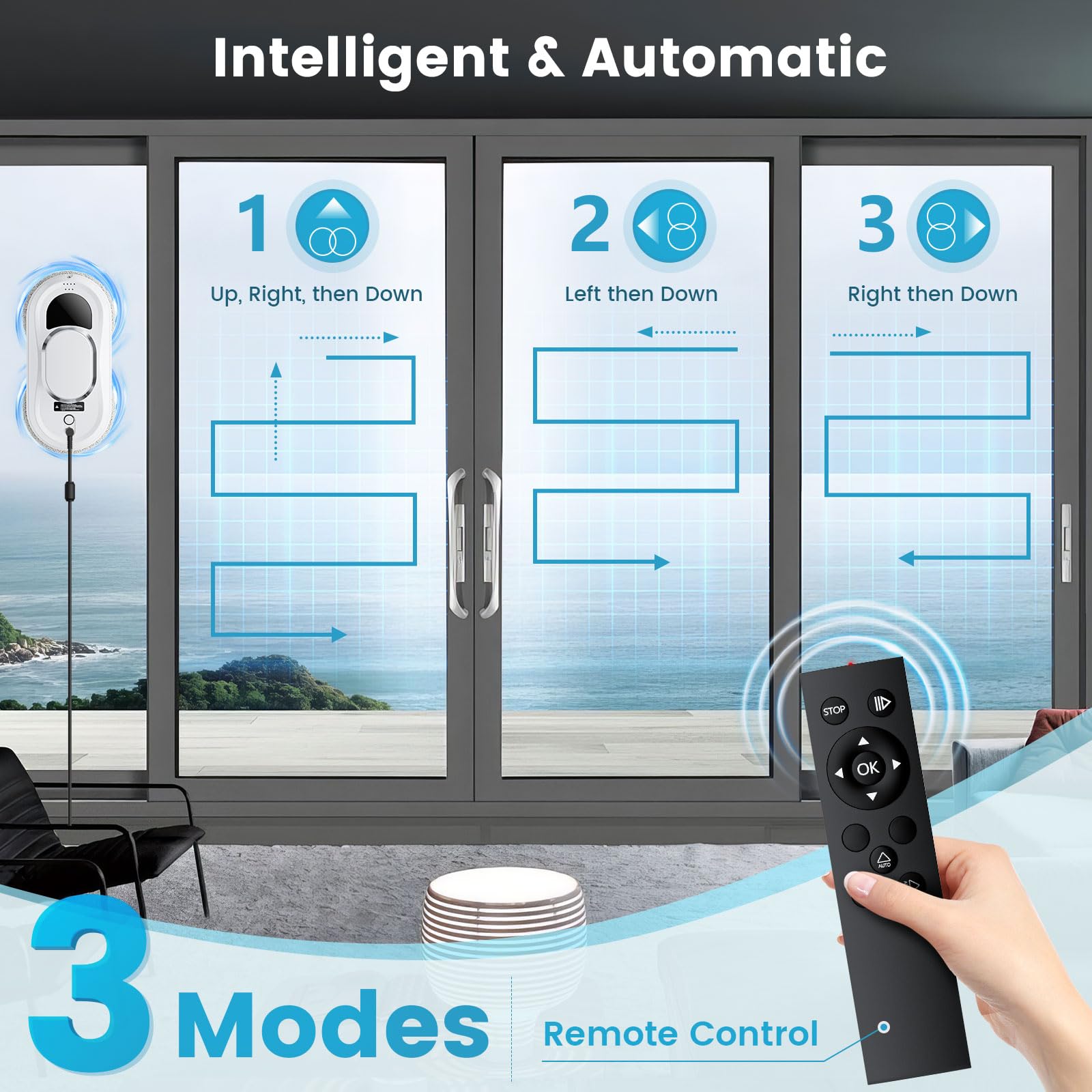 Robot lavavetri elettrico 3000 PA 0.35m/min Robot lavavetri Robot per pulizia vetri con remoto Controller 3 modalità di pulizia Robot lavavetri finestre Pulisci vetri elettrico