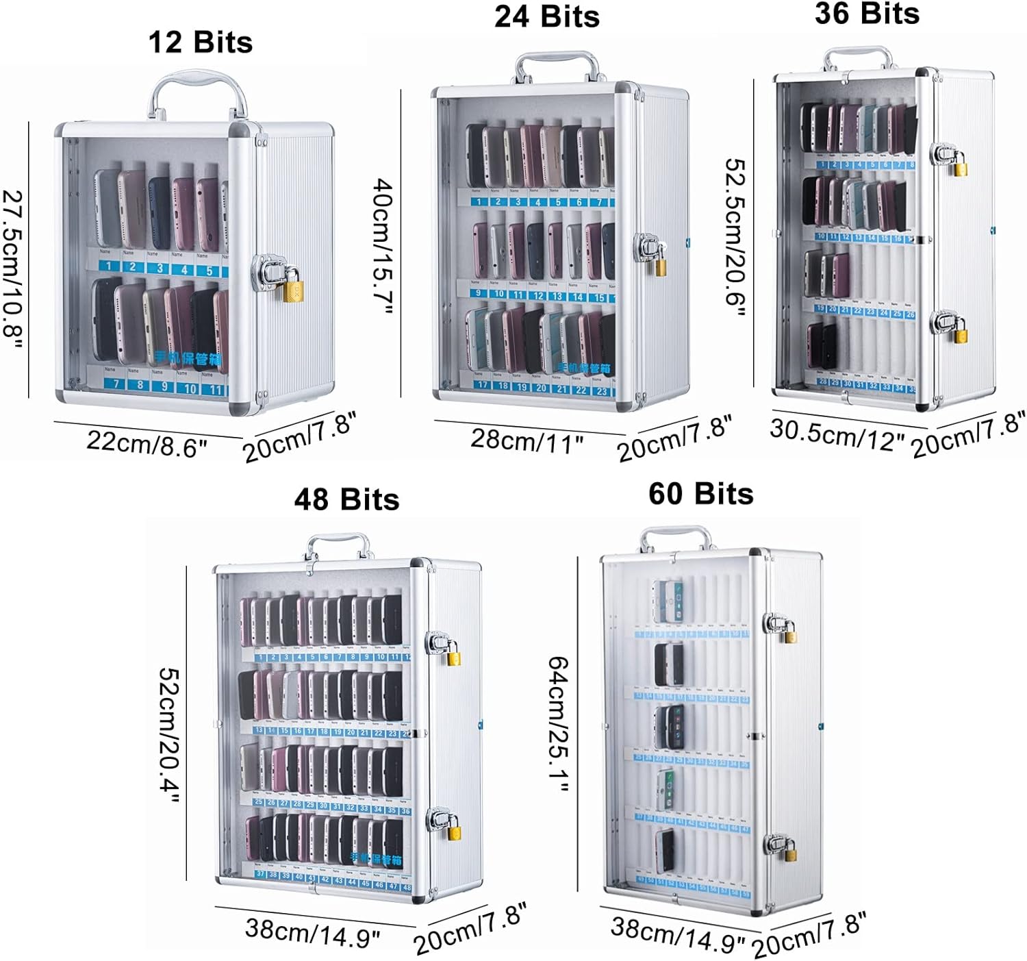 Aluminum Alloy Phone Storage Box with Handle - Clear 60-Slot Cell Phone Locker for Office/Classroom - Portable Pocket Chart Organizer in Silver