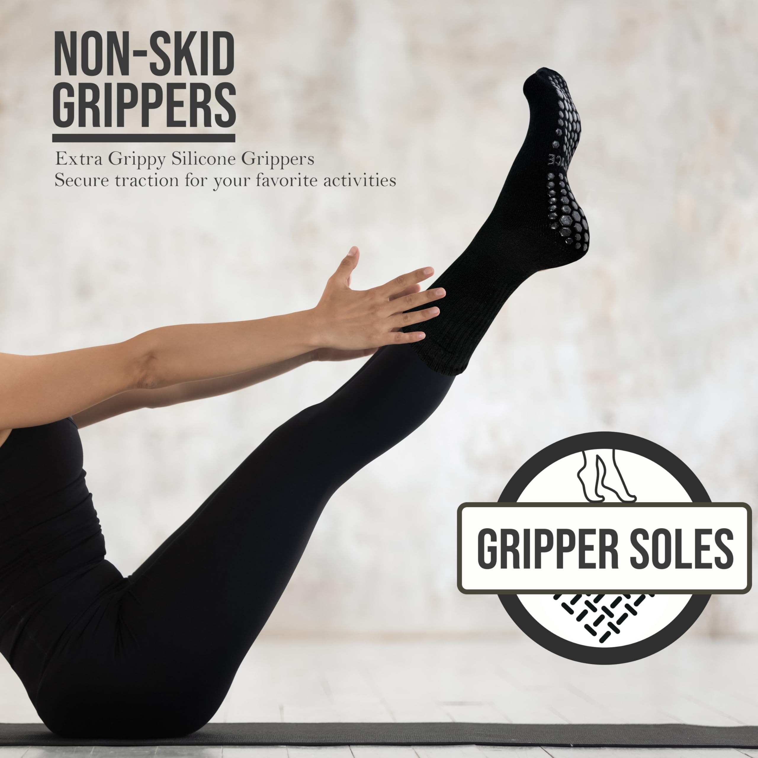 Winterlace Pilate Socks with Grips 6 Pairs Womens Cotton Non Slip Gripper Yoga Dance Ballet Gym Crew Sock (US, Alpha, One Size, Regular, Regular, Black)