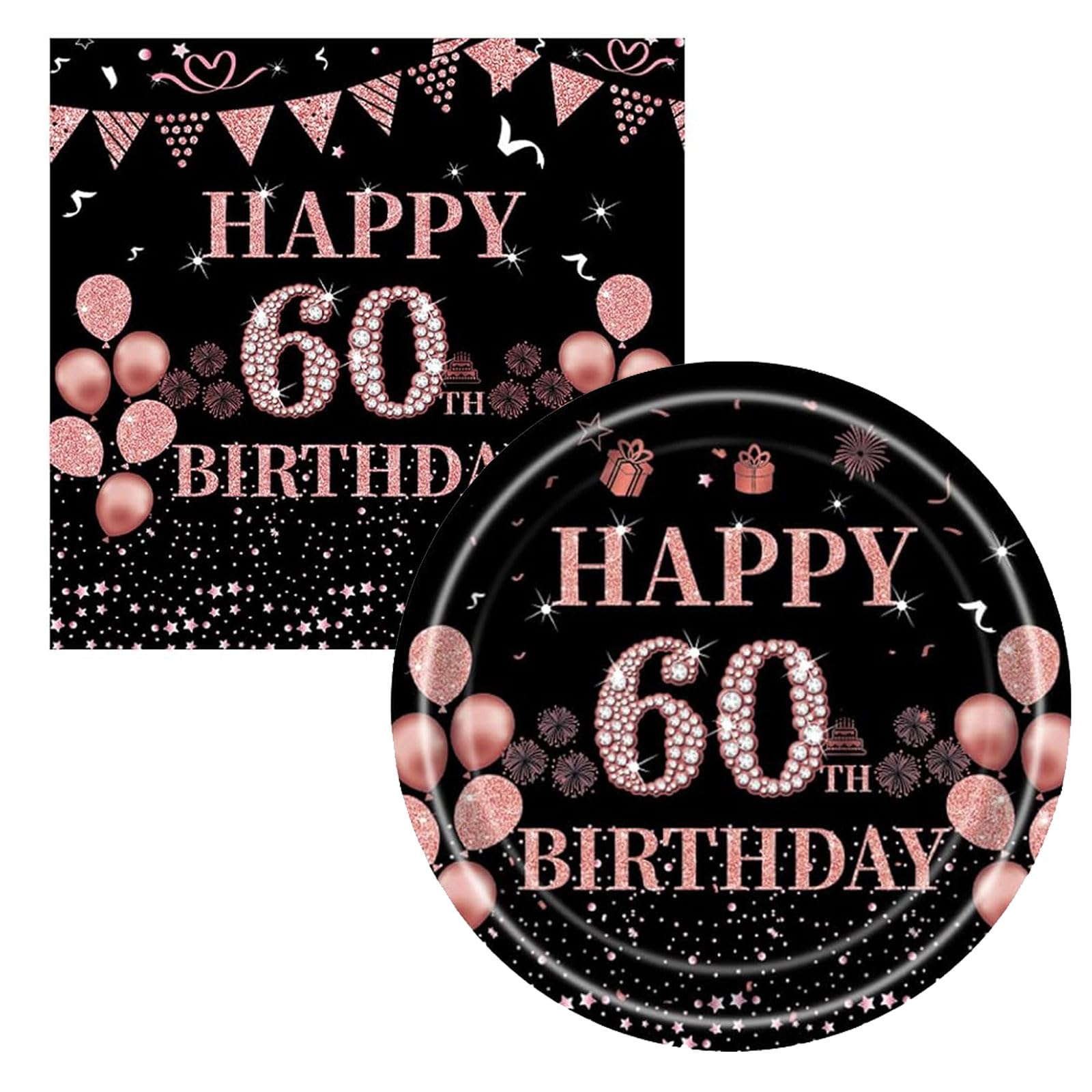 Happy 60th Birthday Plates and Napkins Party Supplies, 16pcs Plates and 20pcs Napkins 60th Birthday Party Tableware Decorations for Women Black and