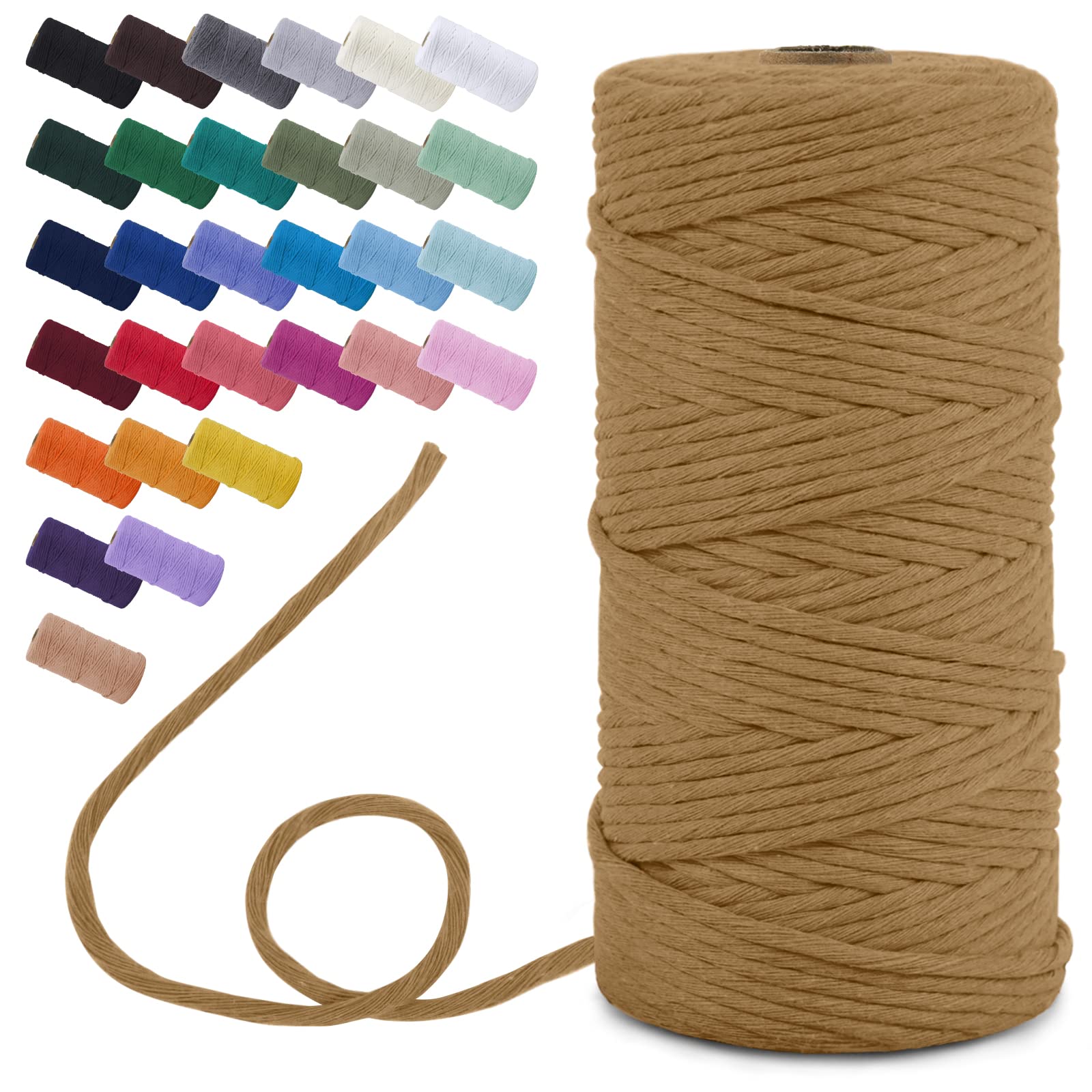 Uiopa Macrame Cord 3mm x 100m, Single Strand Macrame Yarn Thick Thread Natural Cotton Cord, Coloured Macrame Craft String for DIY Crafts, Wall Hanging, Plant Hanger, Tassels (Coffee)