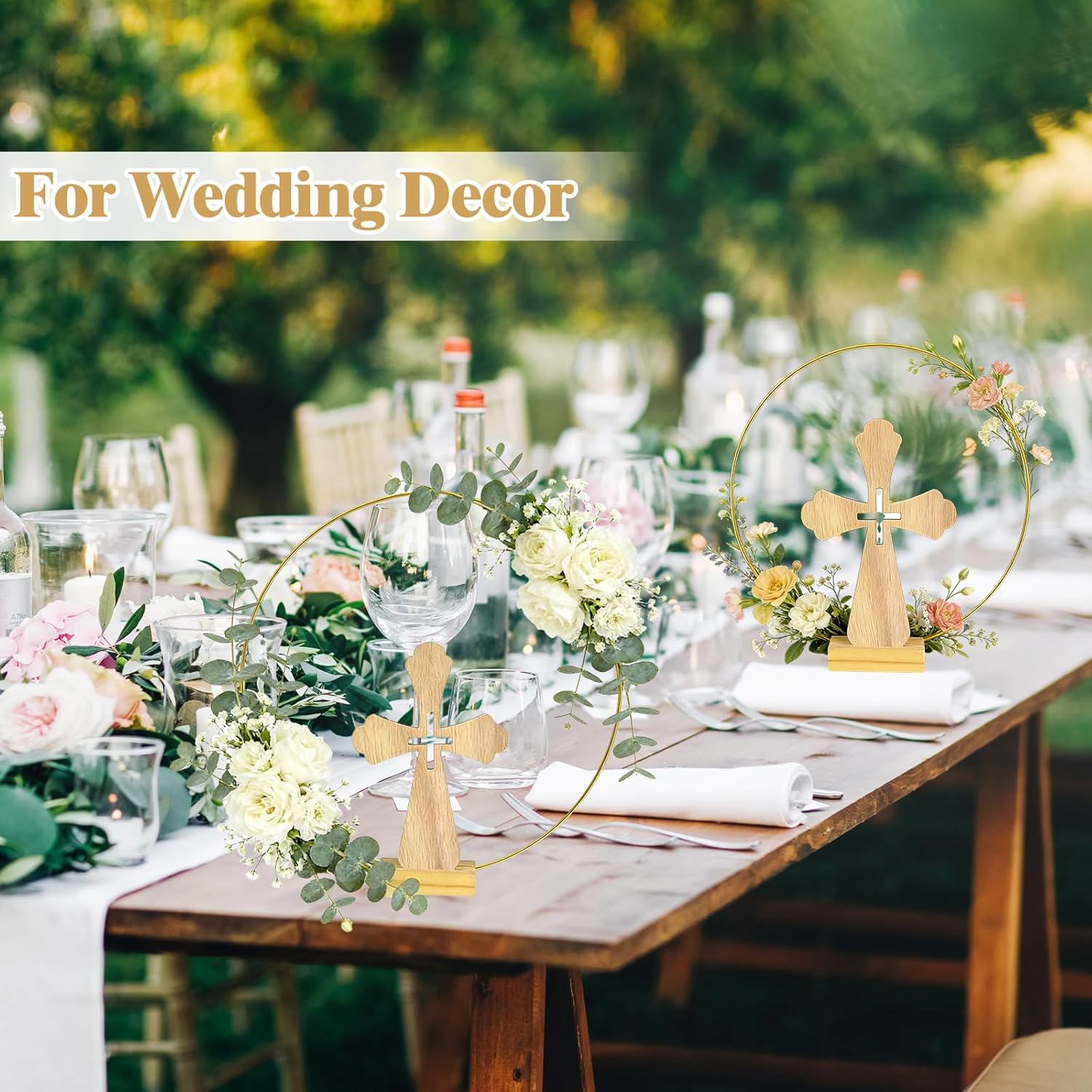 Mototo 48 Pcs Standing Wooden Cross Baptism Centerpieces Decor 16 Wooden Cross with Base 16 Gold Metal Floral Hoop with Wooden Stand Baptism Centerpiece Table Decor for Wedding Event Home Table