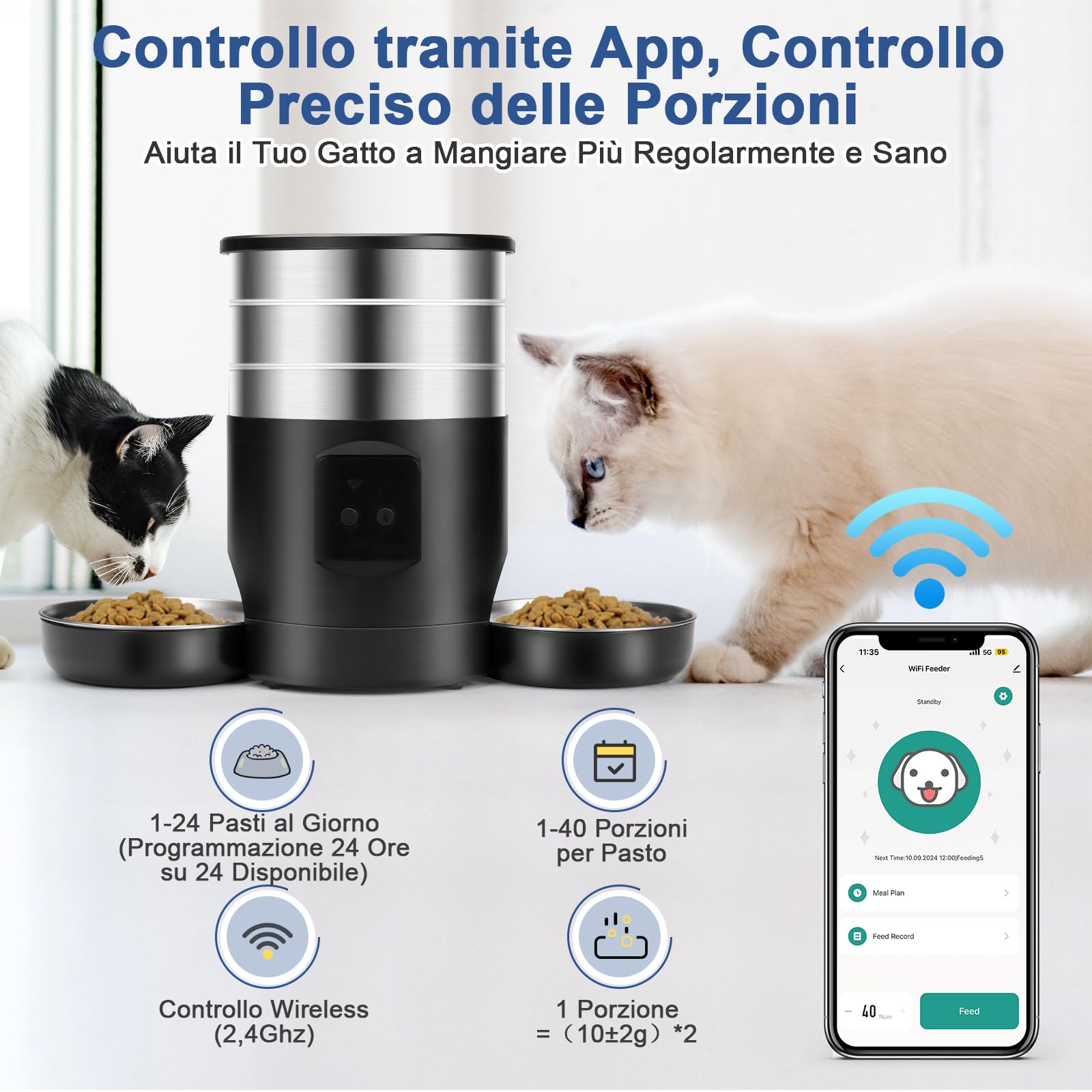5L Distributore Automatico Cibo Gatti 2 Ciotole, Dispenser Crocchette Gatto 2.4G WiFi Acciaio Inox Anti-Intasamento 24h Timer 1-10 Pasti al Giorno Alimentazione 1-40 Porzion, Mangiatoia per Cani Gatti
