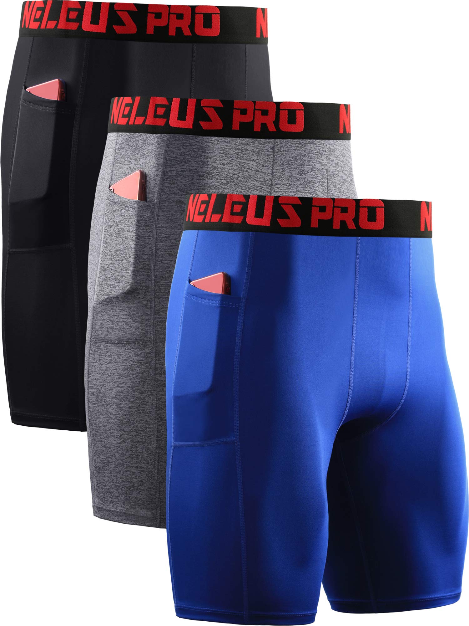 NELEUS Mens 3 Pack Running Compression Shorts with Pockets