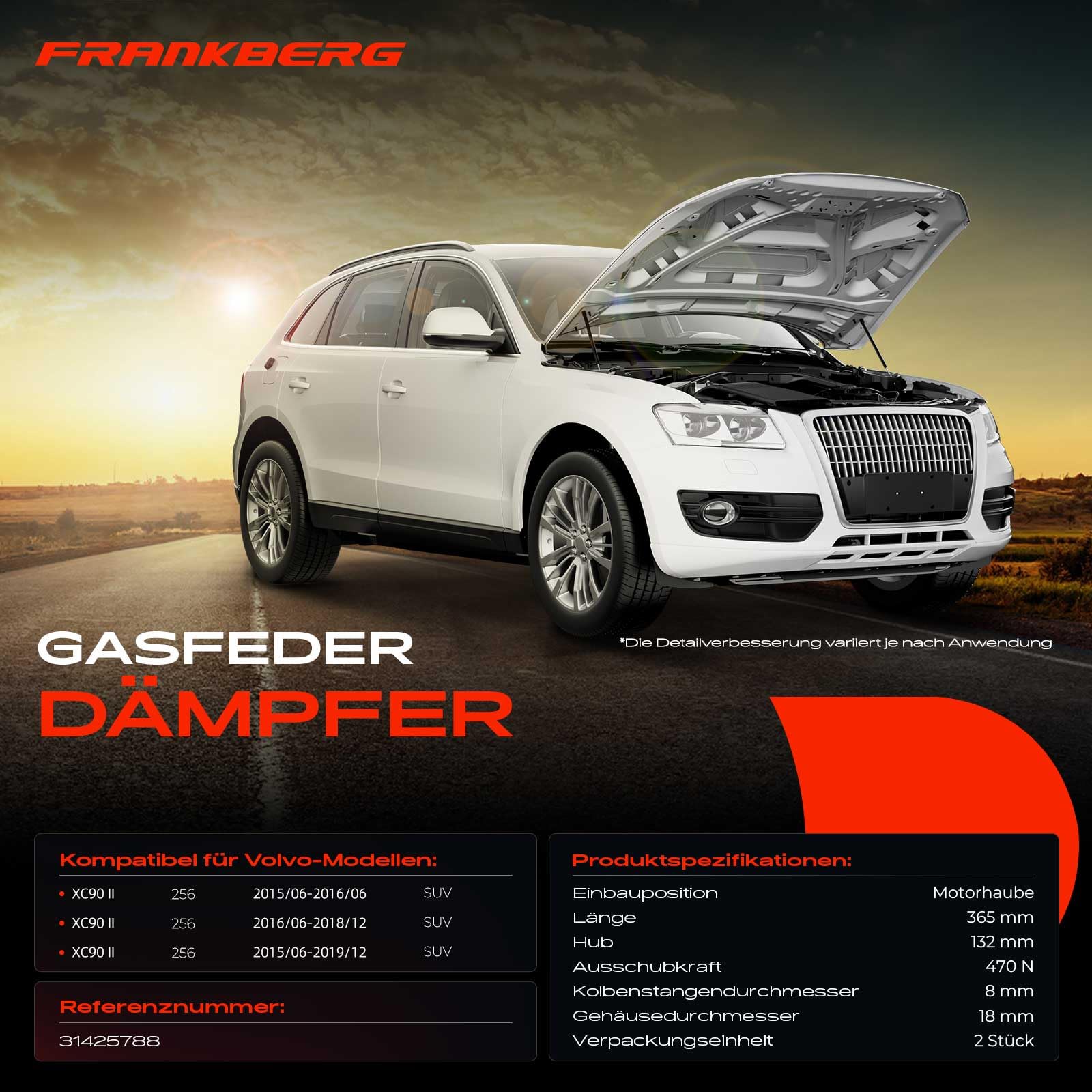 Frankberg 2 x sprężyna gazowa, amortyzator maski silnika po lewej stronie, czarny, kompatybilny z XC90 II 256, wszystkie silniki SUV 2014-2021, model 31425788