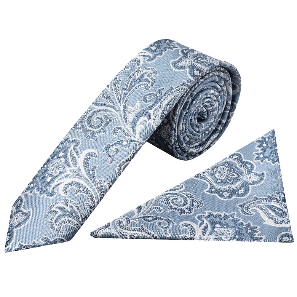 TIES R US Blue and Silver Paisley Skinny Mens Tie and Pocket Square Set