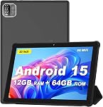 PRITOM 10 Tablette de pouce, Android 15 Comprimé, 64GB, 1TB Élargissable, 1280 * 800 HD IPS Affichage, processeur, 6000mAh, Bluetooth, FM(Noir)