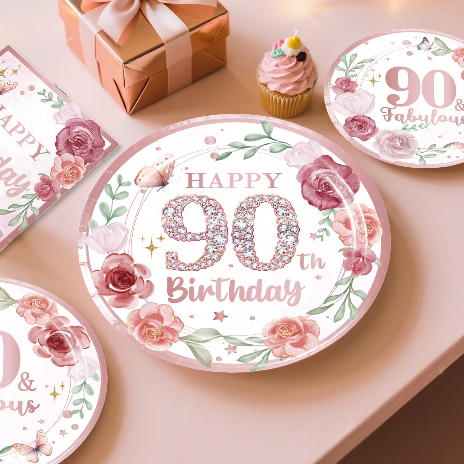 Juego de vajilla de 175 piezas de decoración de 90 cumpleaños para mujeres, decoraciones de 90 cumpleaños con juego de platos y servilletas de 90 cumpleaños, pancarta de oro rosa 90 para colgar,