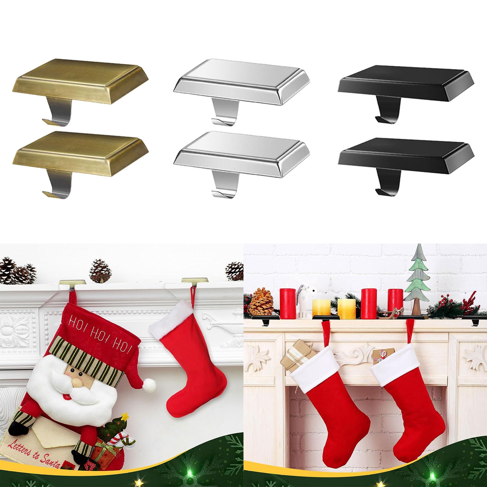 2Pcs Rectangular Stocking Hooks Christmas Stocking Holders Fireplaces Shelf Hook Tabletop Stocking Hangers