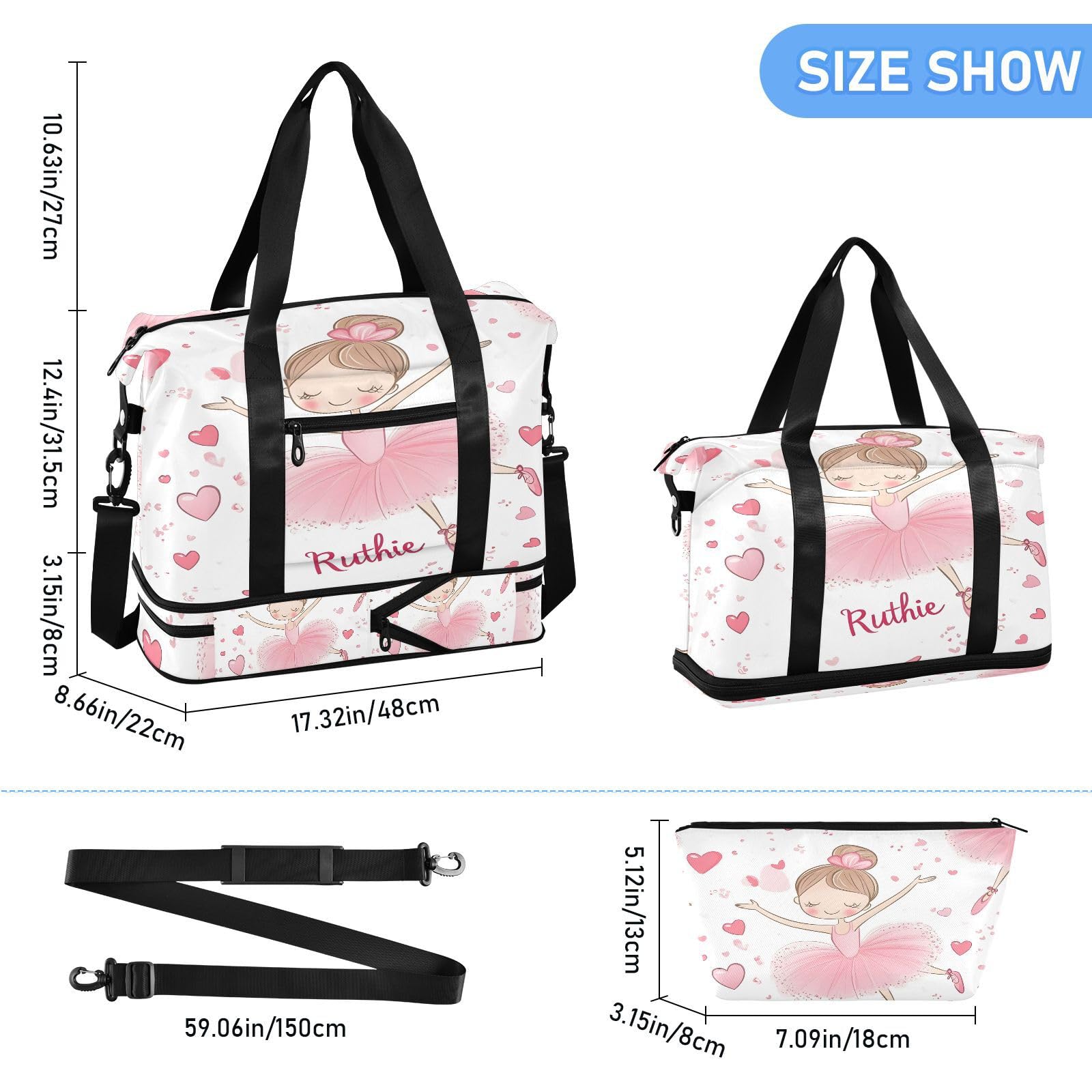 Wasserdichter Sport-Turnbeutel – niedliche Ballerina-Ballerina-Herz-Reisetasche mit großem Fassungsvermögen und Fach für trockene Nässe und Schuhaufbewahrung, Yoga, Schwimmen, Reisetasche