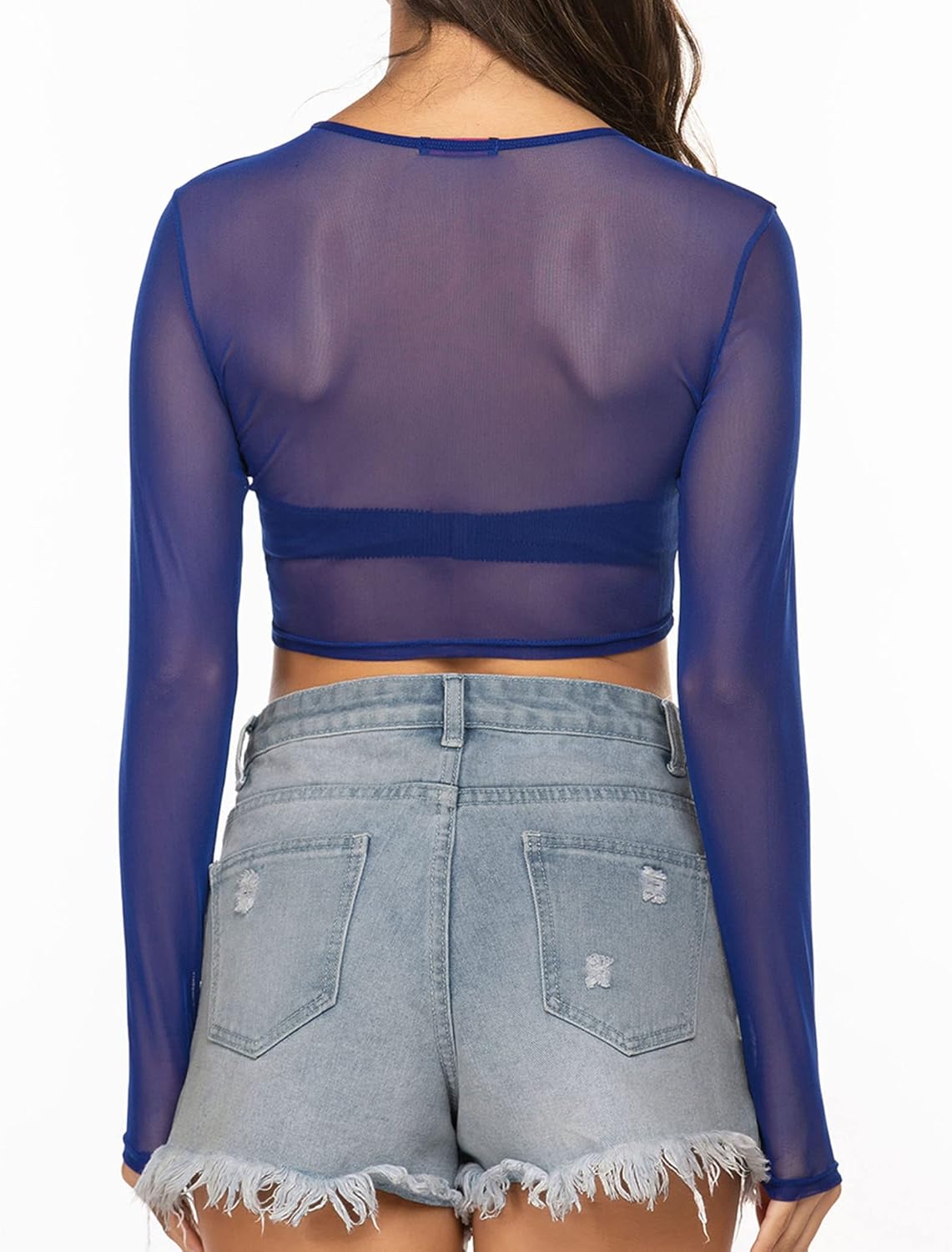 Avidlove Women Mesh Crop Top Long Sleeve See Through Shirt Sheer Blouse O Neck Clubwear S-4XL - Image 7