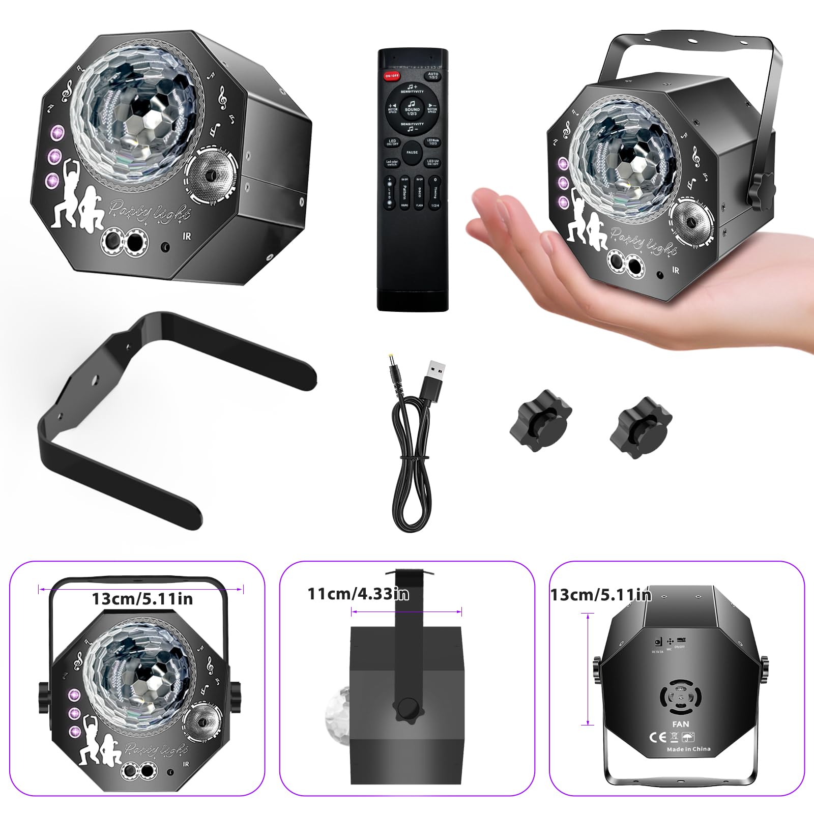 4-in-1 Discokugel mit Motor und Licht, Discolicht Partylicht 64 Muster, Musikgesteuert Disco Party Lampe mit Fernbedienung, RGB UV Stroboskop für Wohnungen Räume Bar Klub Outdoor Geburtstag Party