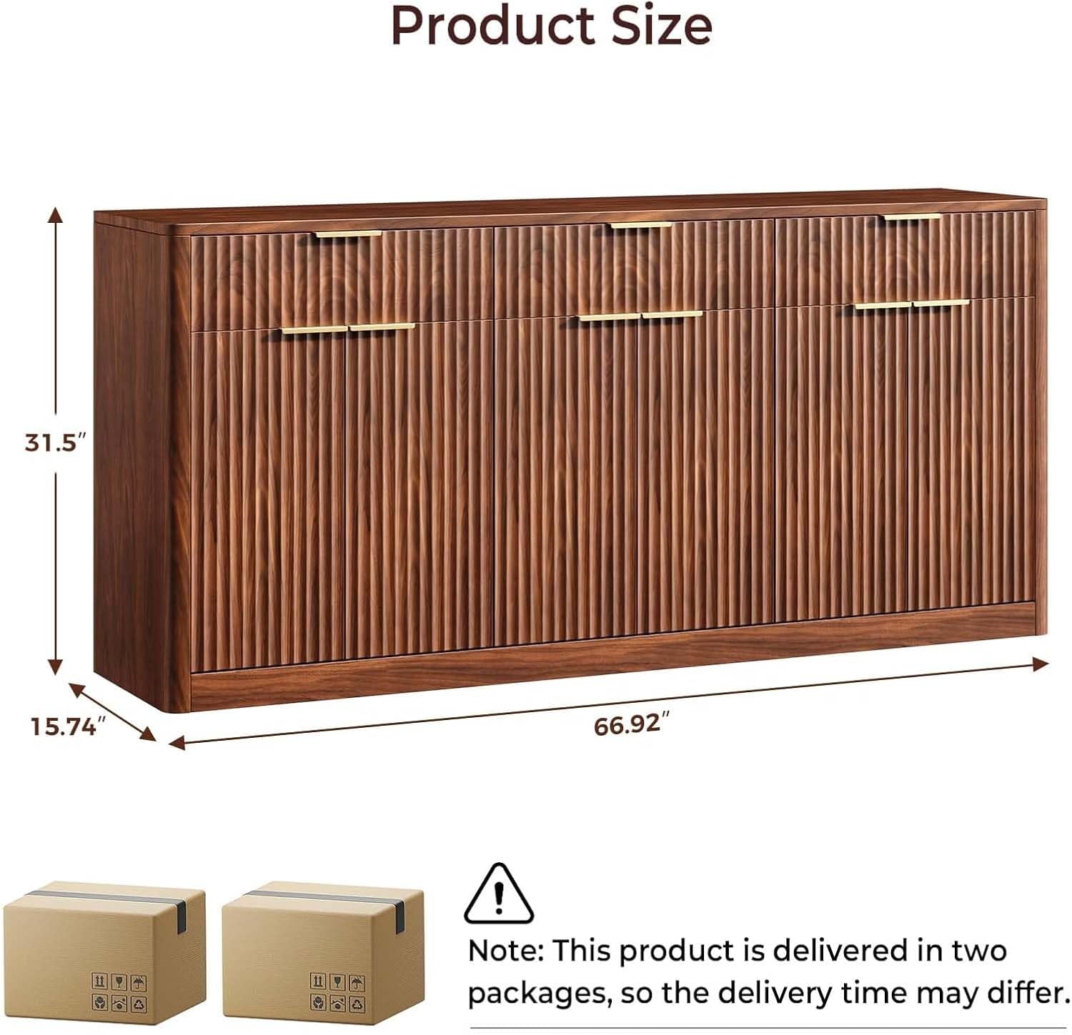 Evermagin 67" Fluted Walnut Sideboard Buffet Cabinet with 3 Drawers, Modern Credenza with Storage, Console Coffee Bar Cabinet for Kitchen, Living Room and Entryway (67" W x 31.5" H x 15.7" D)