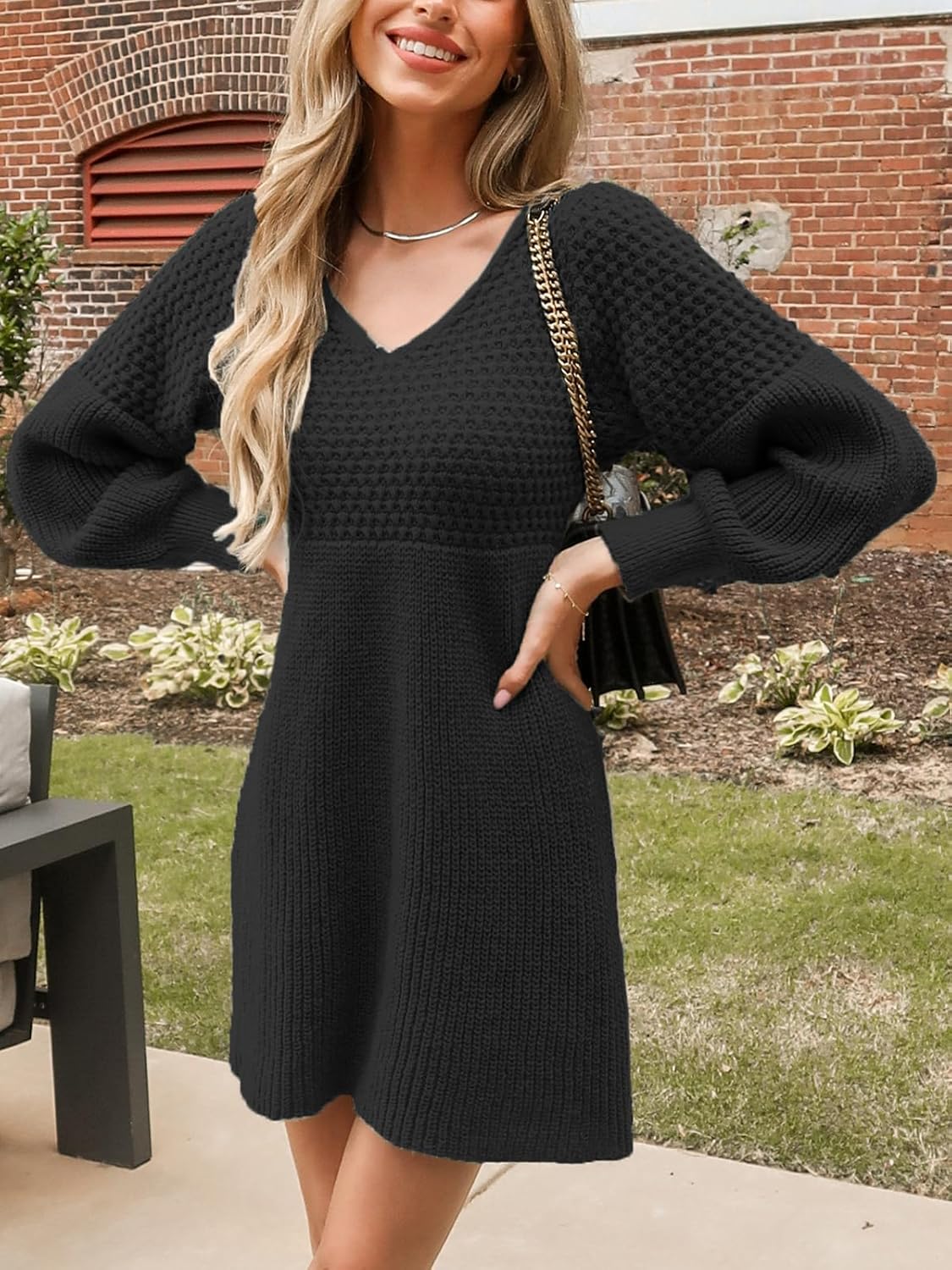 CUPSHE Women's Sweater Dress V Neck Honeycomb Long Sleeve Textured Fall Casual Knit Pullover Dresses - Image 2