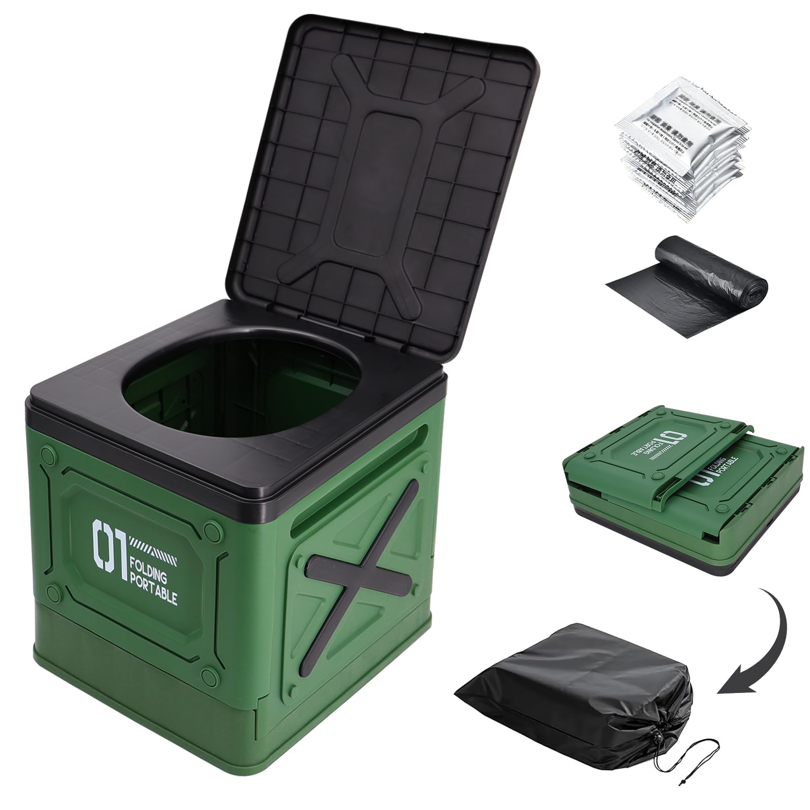 Foldable Portable Toilet for Camping & Travel โ Heavy Duty 150kg Capacity, PP-ABS Collapsible Toilets Stool with Storage Bag, Waste Bags & Solidifier โ Emergency Toilet for Car, RV, Fishing, Outdoor