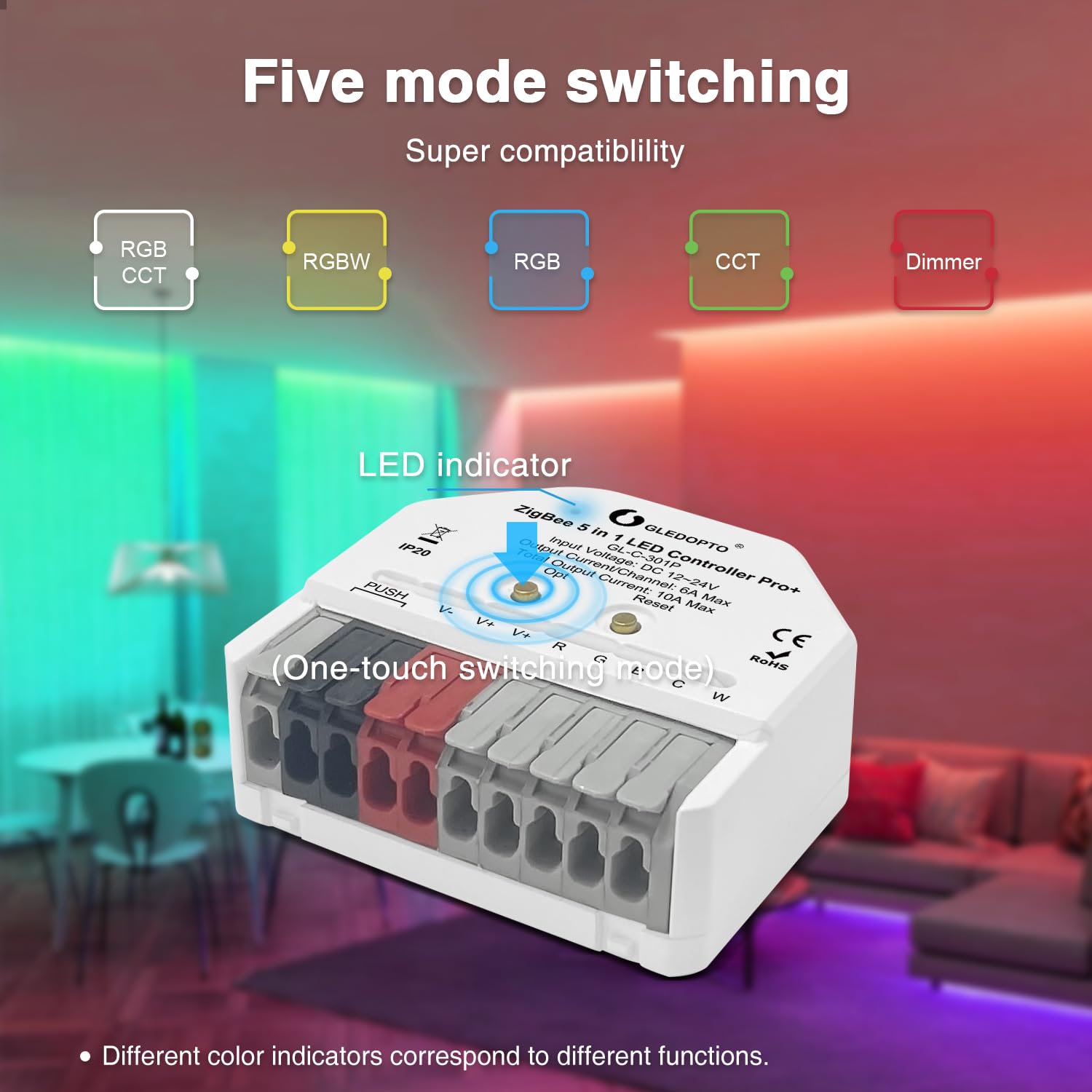 GLEDOPTO ZigBee 3.0 Pro Mini LED Strip Controller 5 Modes in 1 RGBCCT RGBW RGB CCT WWCW Dimmer DC12-24V APP Voice Control Work with ZigBee2mqtt Conbee Home Assistant Alexa Smart Life (Hub Required)