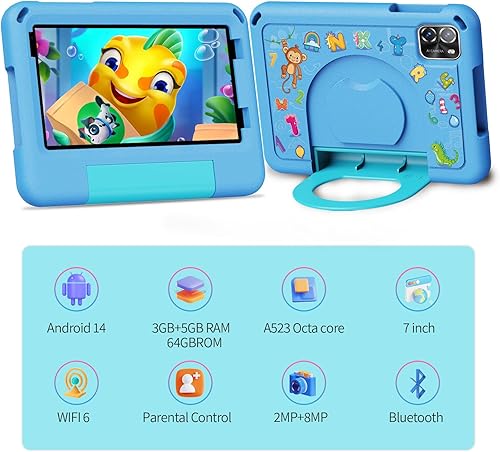 Miniatura 2 de VOLENTEX Tabletas Android de 15 con estuche para niños de 7 pulgadas, almohadilla de 64 GB para niños de 3 a 12 años, educación, juegos, control