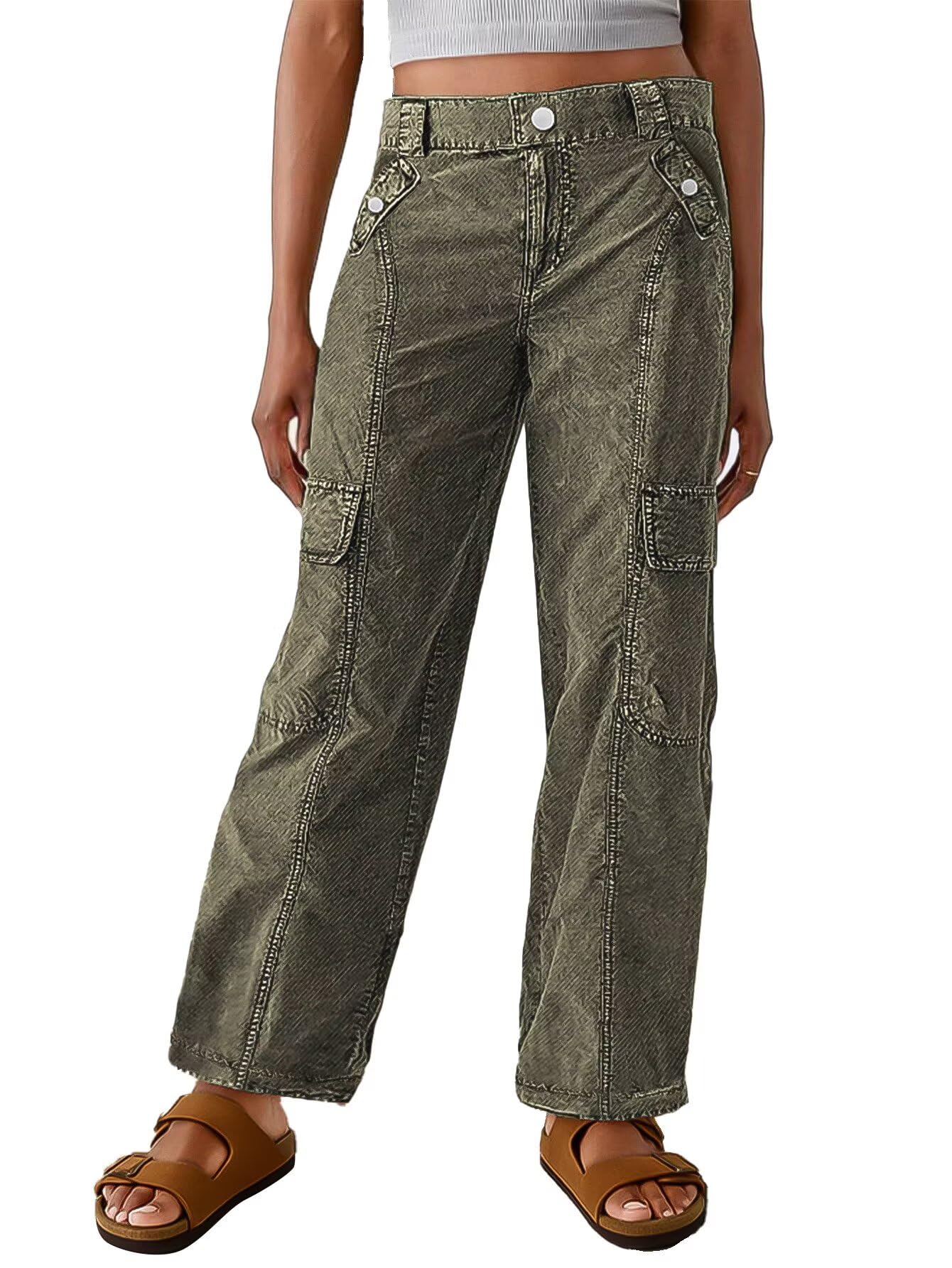Flamingals Straight Leg Pants for Women Mid Rise Casual Cargo Multi Pockets Button Design Solid Pants