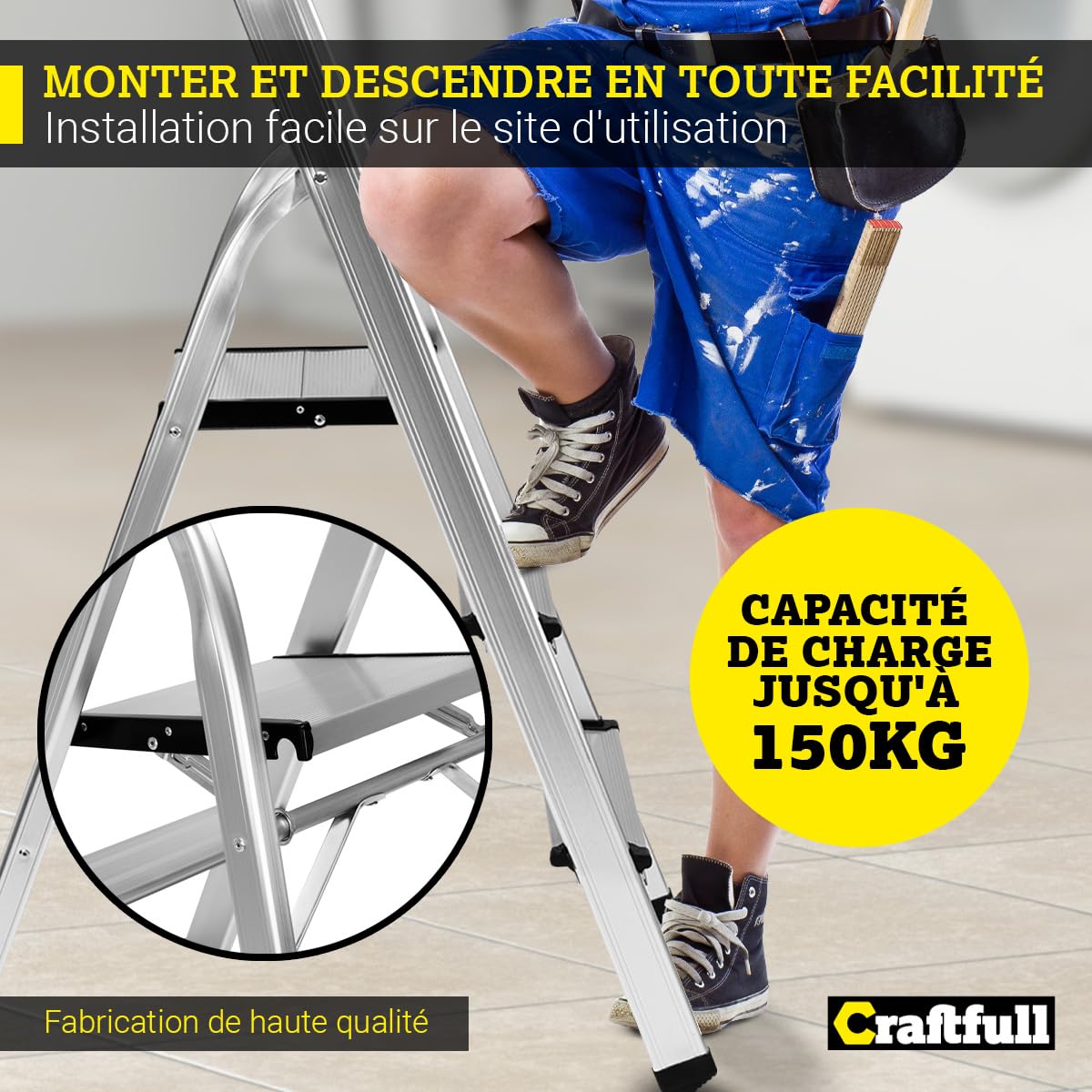 𝐂𝐑𝐀𝐅𝐓𝐅𝐔𝐋𝐋 Échelle en Aluminium CF-133B | 3-6 marches - Pliable - Jusqu’à 150 kg - Échelle ménagère avec Espace de Rangement - Échelle - Escabeau