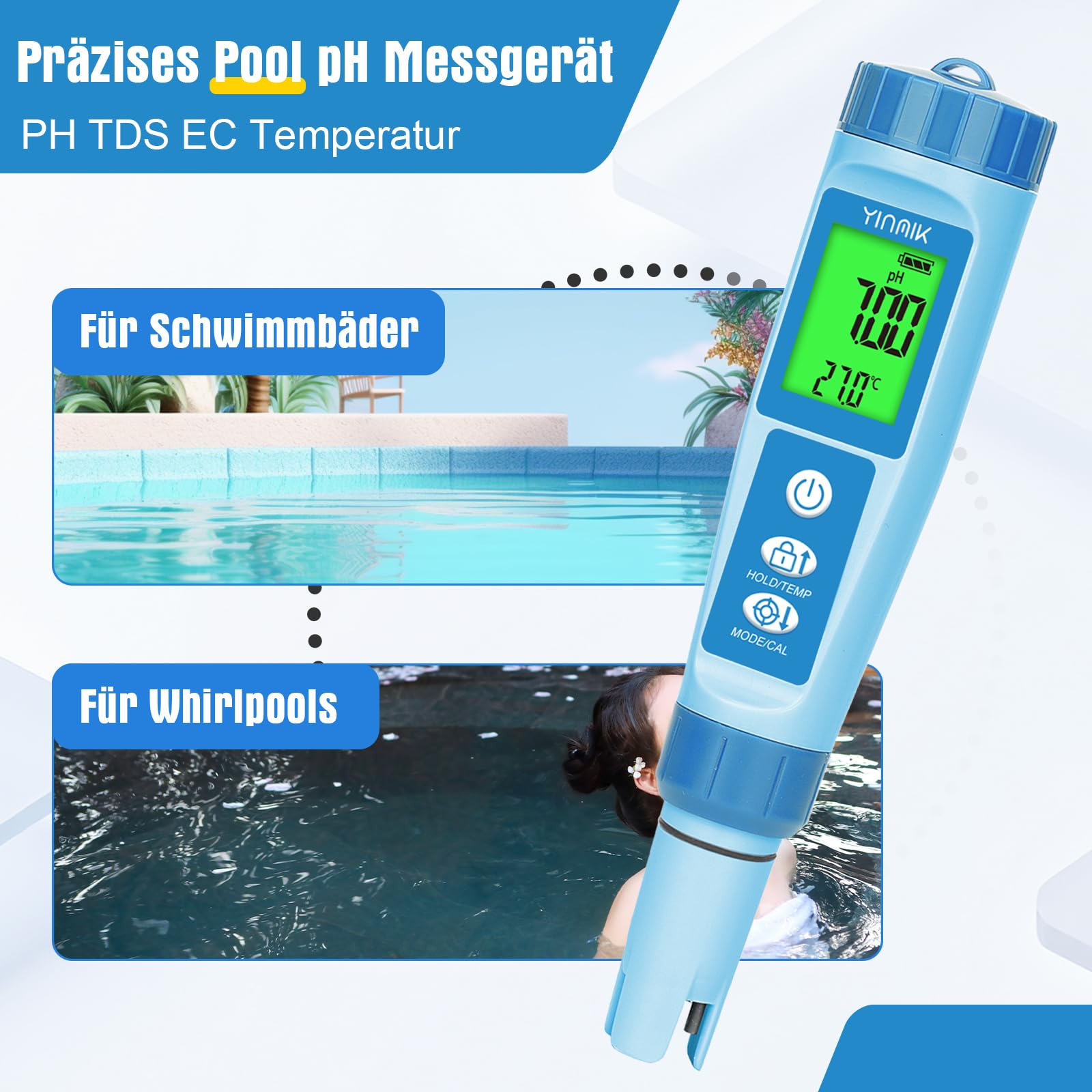 YINMIK pH Messgerät, Pool pH Messgerät, pH EC Messgerät Grow, TDS Tester für Trinkwasser, pH EC Messgerät für Hydrokultur, Digitales 4-in-1 pH Leitfähigkeits PPM Temp Messgerät für Pools Aquarium