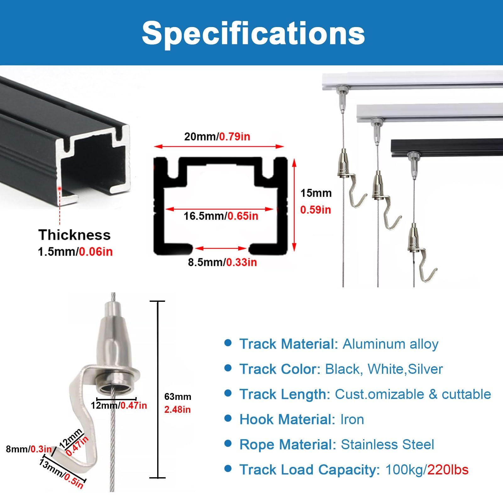 Sistema de suspensión ajustable de aluminio con alambre de acero inoxidable y hoo, perfecto para galería, museo, hogar y oficina (cable de 98 pulgadas, pista de 43.3 pulgadas)