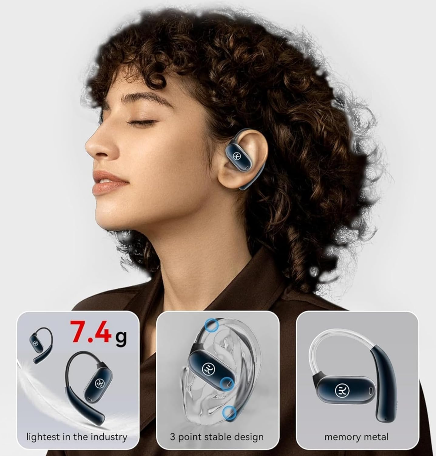 Kinglucky Open-Ear Headphones with Ear Hooks Bluetooth Earphones with Microphone Call, Enc Noise Cancelling, with Smart Digital Display, Air Conduction Wireless Headset Running, Cycling, Driving