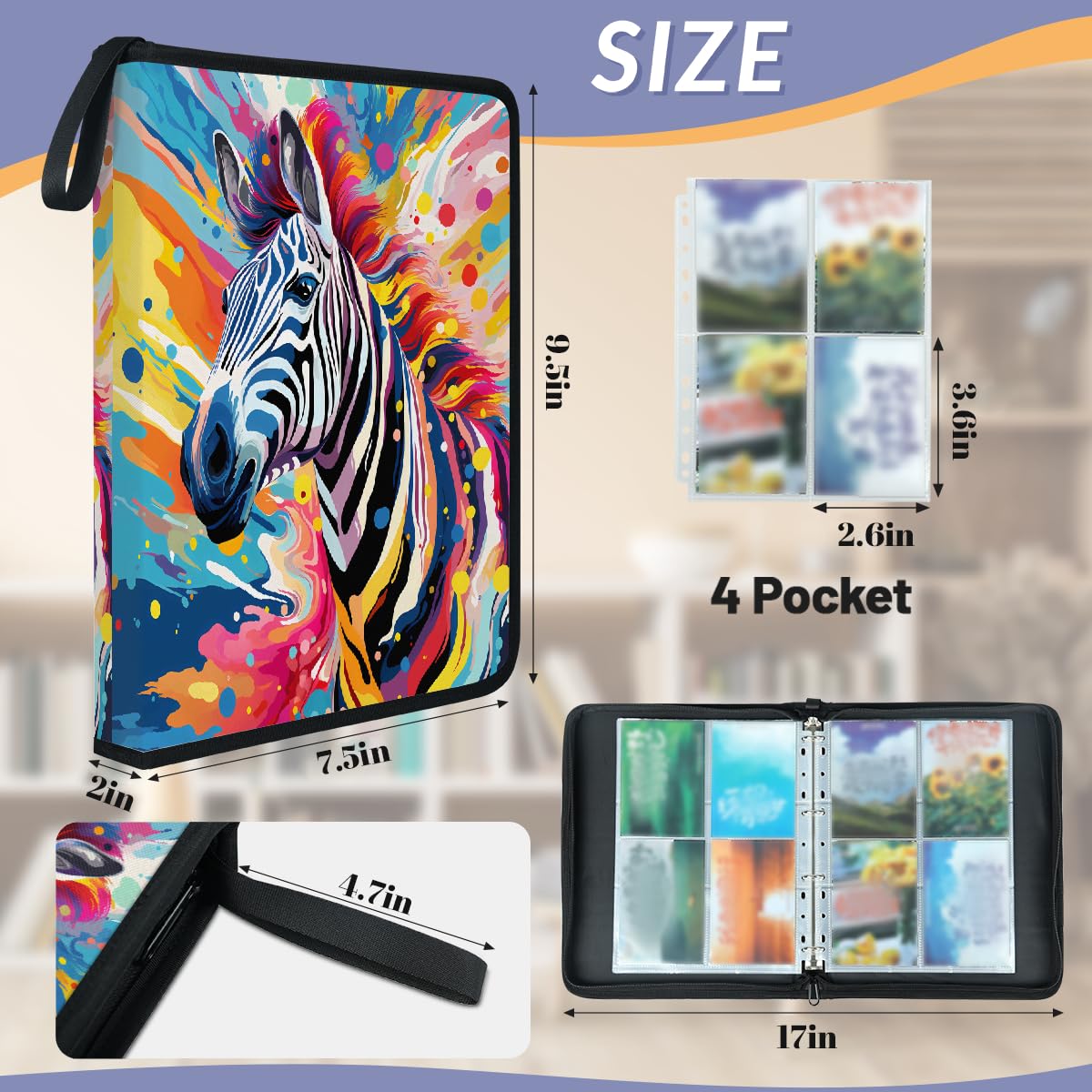 Raccoglitore per carte collezionabili con 4 tasche colorate zebrate, raccoglitore per carte artistiche, pittura con animali, con maniche rimovibili, impermeabile, con cerniera, 50 pagine, capacità 400