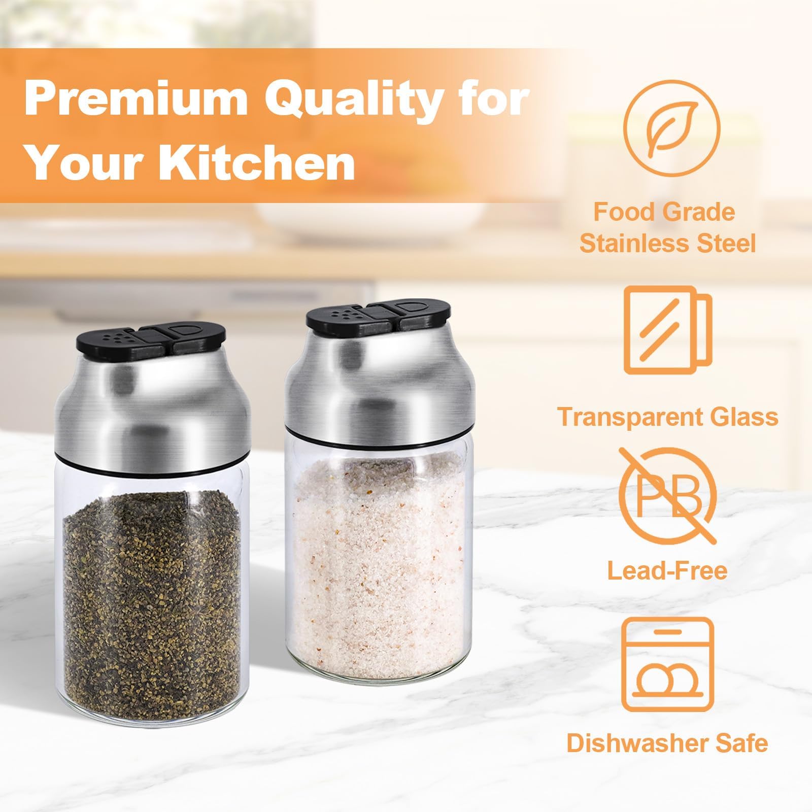 Aelga Juego de salero y pimentero, salero de vidrio de 5 onzas con agujeros de vertido ajustables, dispensador de azúcar con tapa de acero inoxidable, elegantes accesorios de mesa de cocina