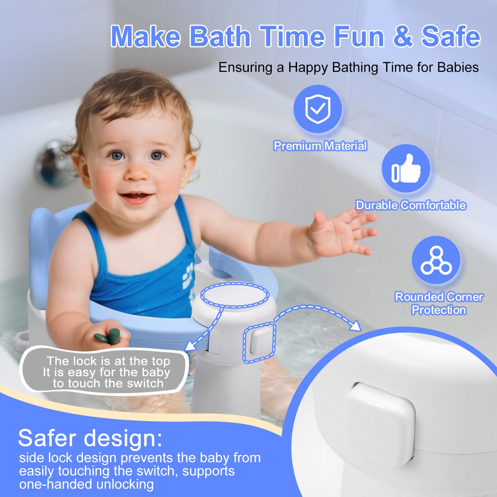 Asiento de Bañera para Bebés a Partir de 6 Meses, Silla Bañera Bebe con 4 Ventosas, Asiento Bebe Bañera para Ducha o Infantil, Regalos de Baño y Ducha para Niños Pequeños y Recién Nacidos (Azul)