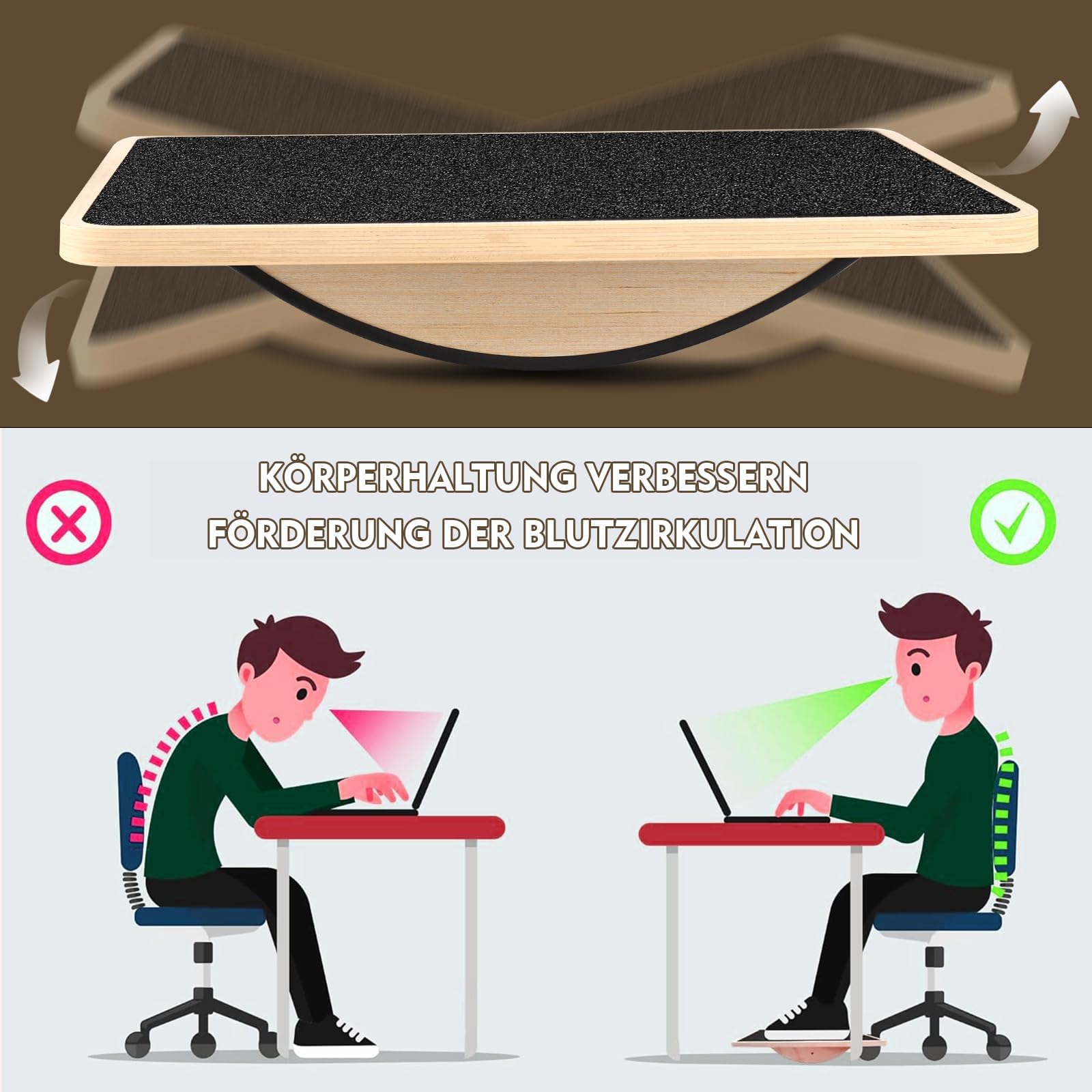 Balance Board aus Holz - Premium Balance Board & Wackelbrett für Erwachsene, Rutschfester Gleichgewichtstrainer mit Körperbalance-Übung, 33×42 cm Monobrett (Schwarz, Naturholz)