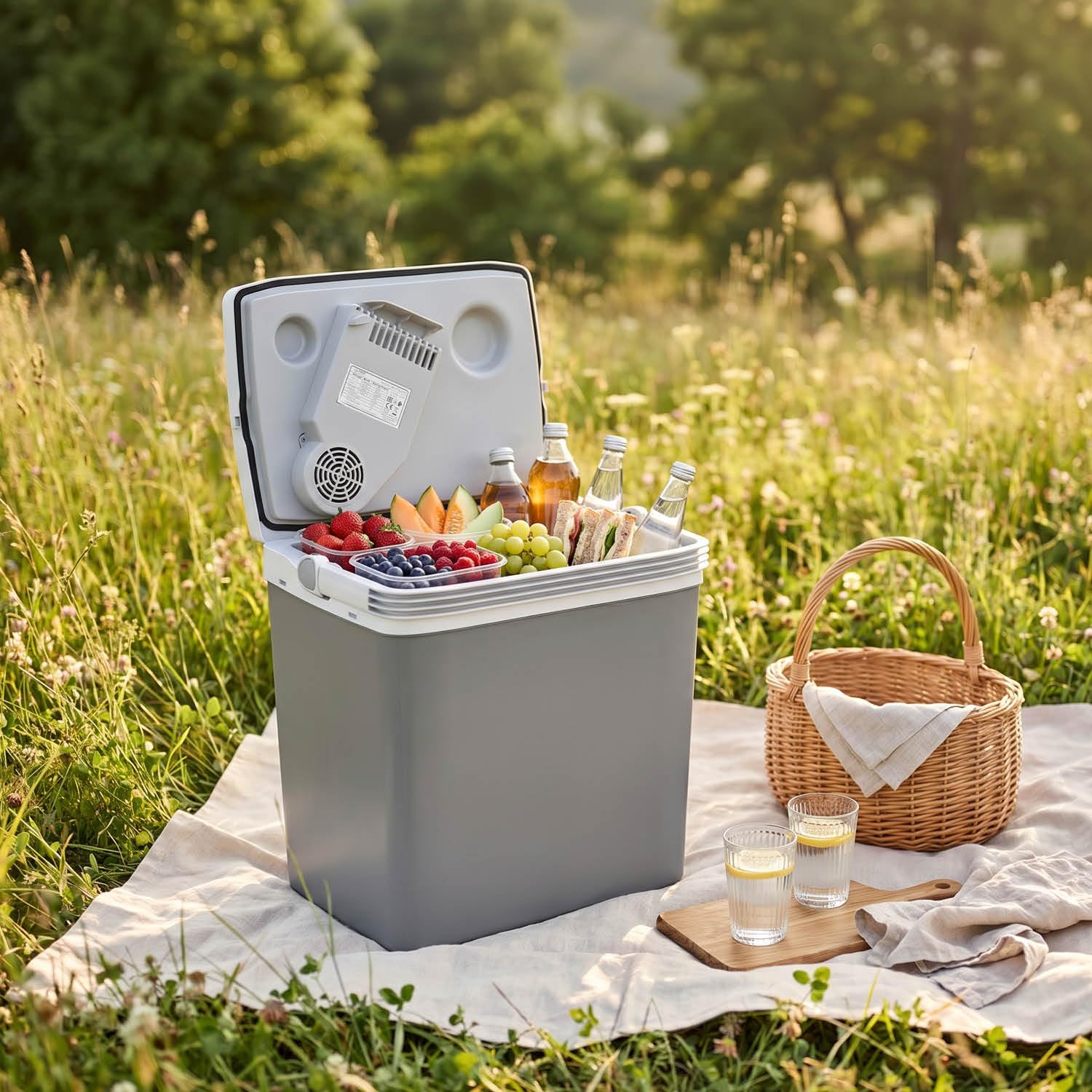 TZS First Austria - Termoelektryczna lodówka podróżna 25 l – wydajność chłodzenia 18 stopni – 230 V/12 V/USB-C PD 3.0 – przenośna minibar do samochodu i na kemping – szara/jasnoszara