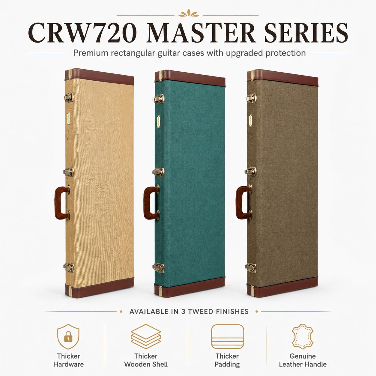 Crossrock Etui na gitarę elektryczną Master Series do Fender Stratocaster i Telecaster, tkanina tweedowa na zewnątrz, przeprojektowana drewniana powłoka, skórzany uchwyt (CRW720EFT)