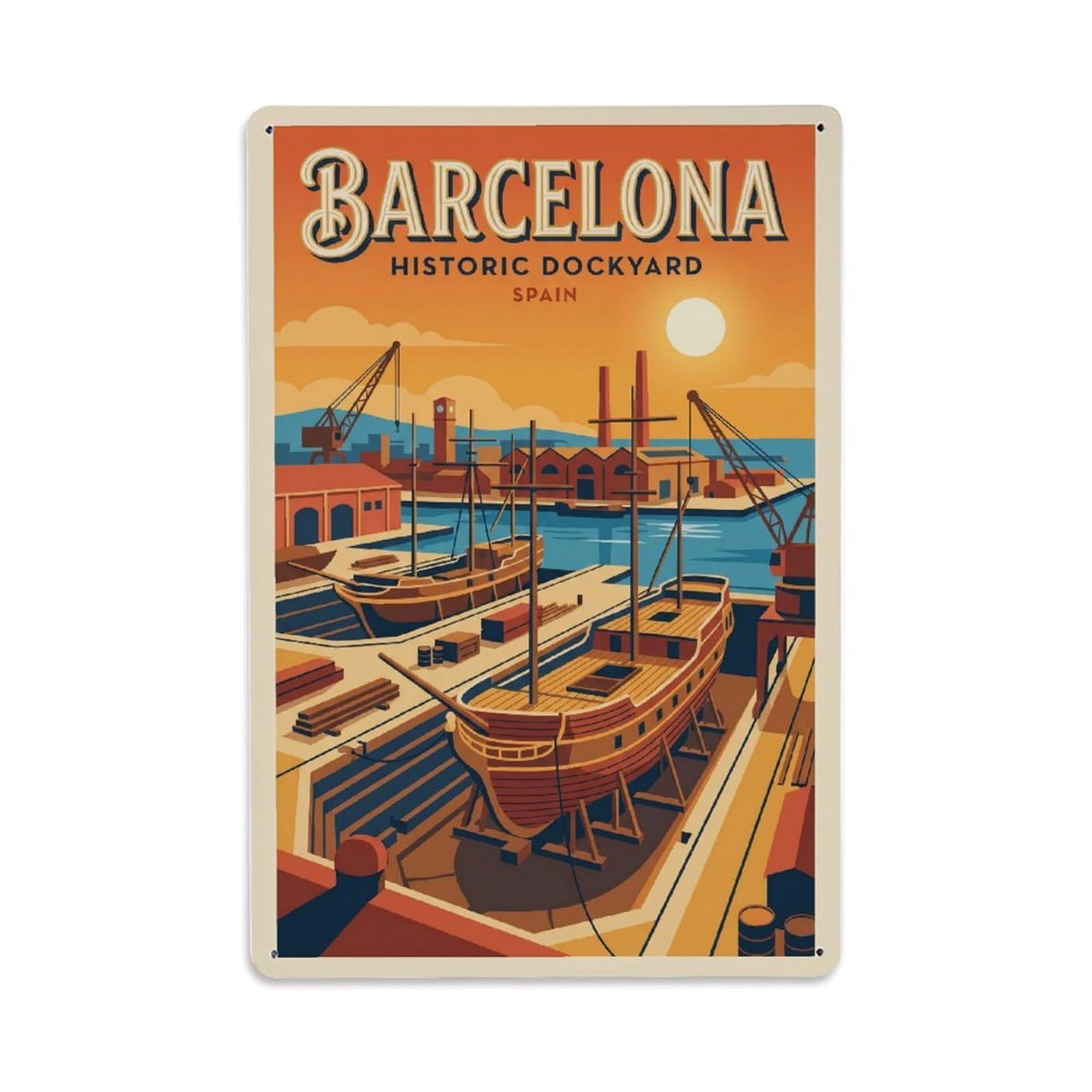 Vintage Travel Dockyard Spain Historic Metal Tin Sign Plaque Wall Decor for Cafe, Club Bar, Office, Home Garden Metal Poster 8x12Inch