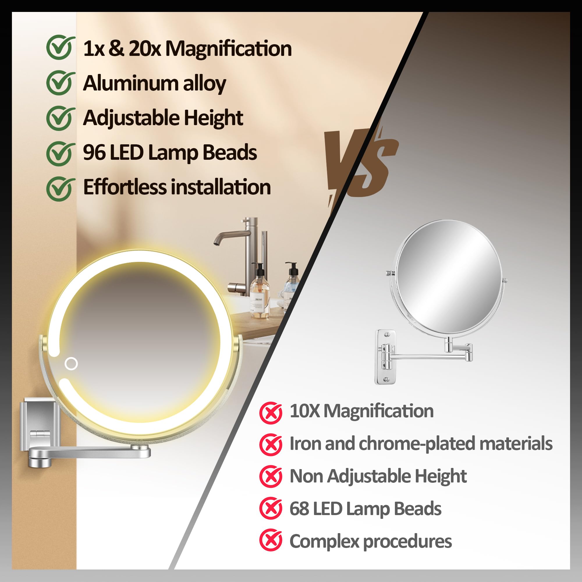 MOMOKUBA Wandmontierter Make-up-Spiegel, Vergrößerungsspiegel mit Licht, 20X/1X doppelseitig, höhenverstellbar, 3 beleuchtete Modi, wandmontierter Spiegel aus Aluminiumlegierung, ideal für Badezimmer