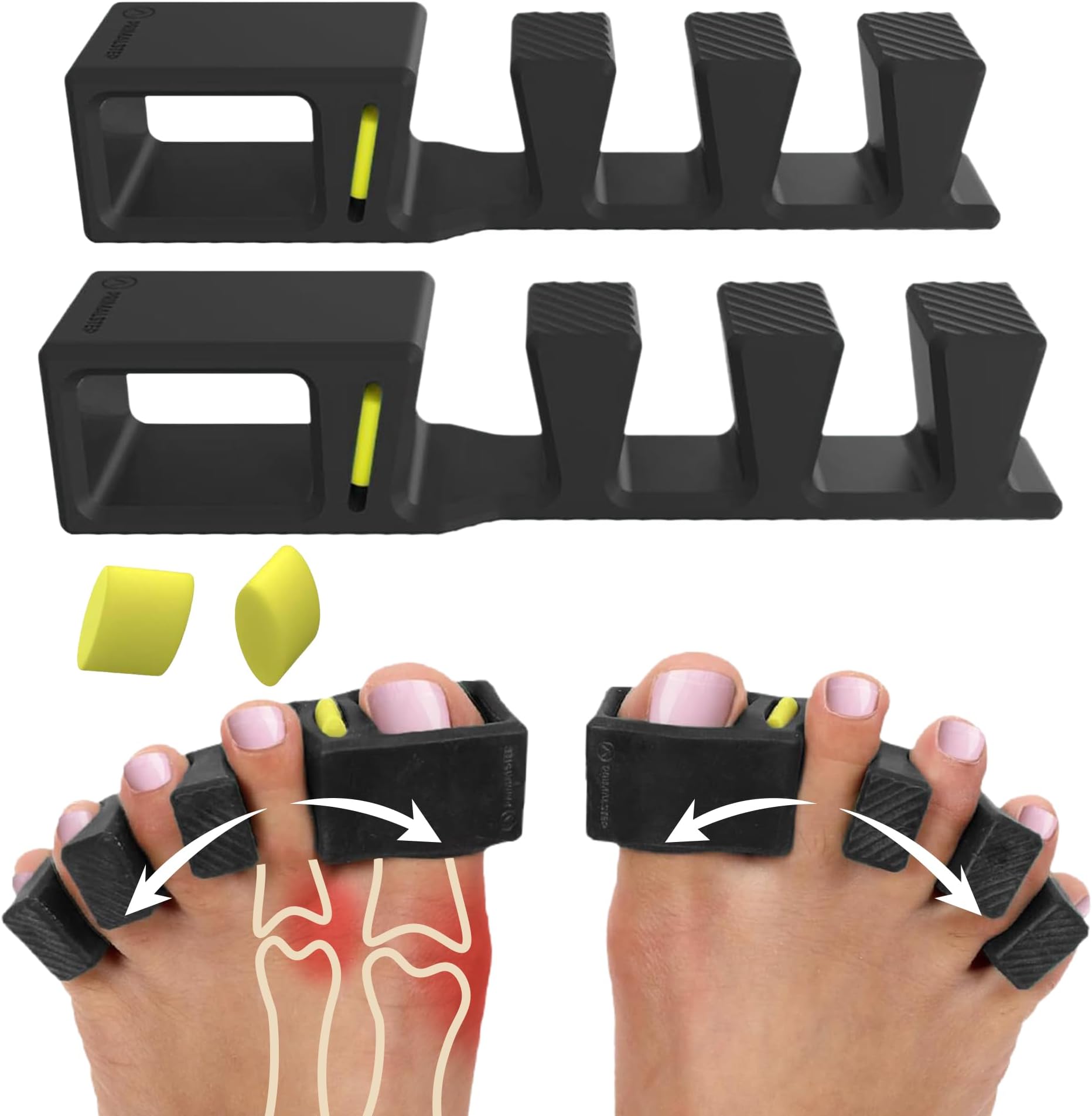 APEX Adjustable Toe Separators, Spreaders, Spacers, Straightener to Correct Toes for Men and Women, Bunion Corrector, Plantar Fasciitis, 50% Thicker, 2 Pairs, S/M and Large, Black