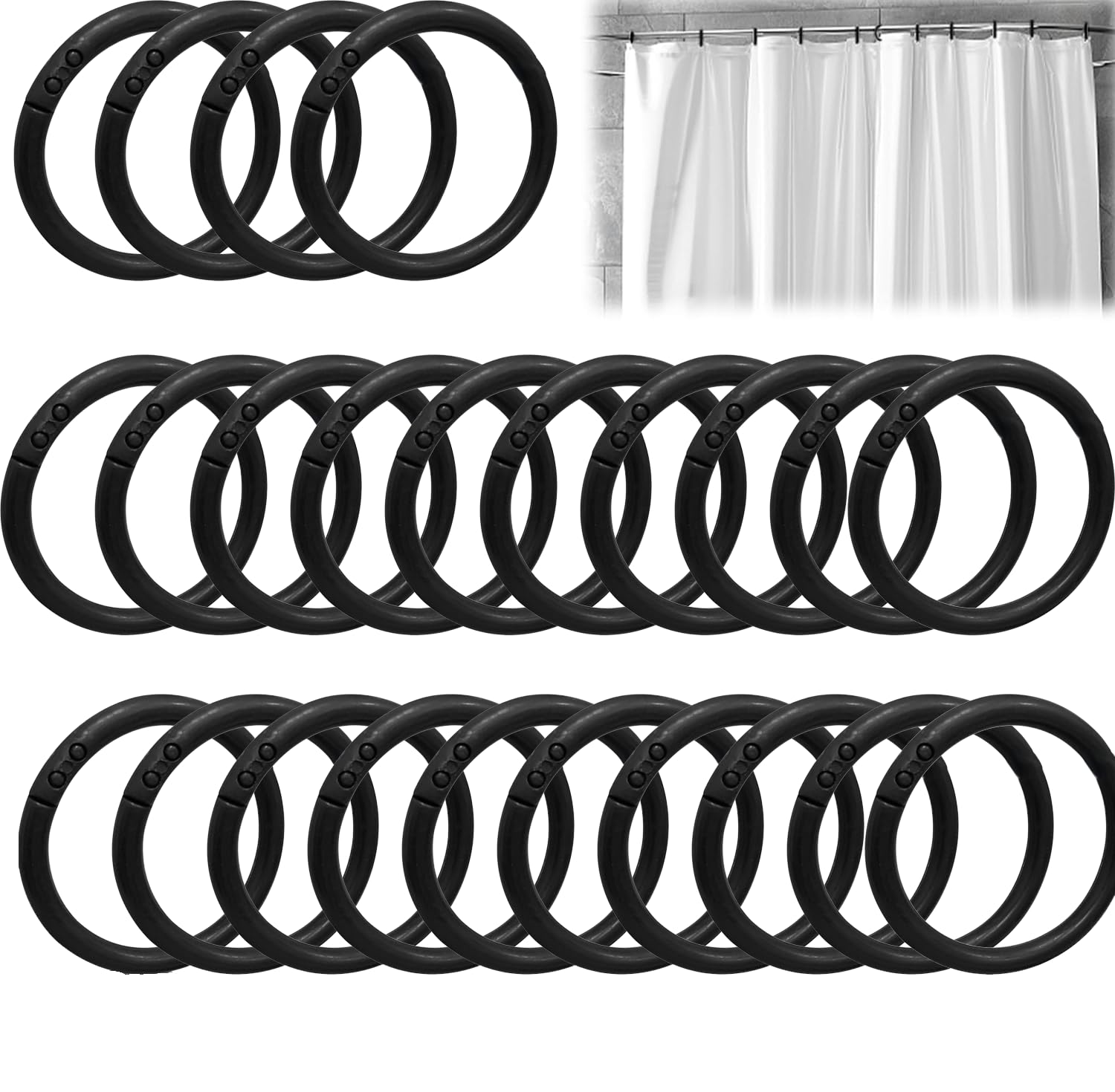 Bkemkri Lot De 24 Anneaux De Rideau De Douche En Plastique Noir - Crochets Forme O