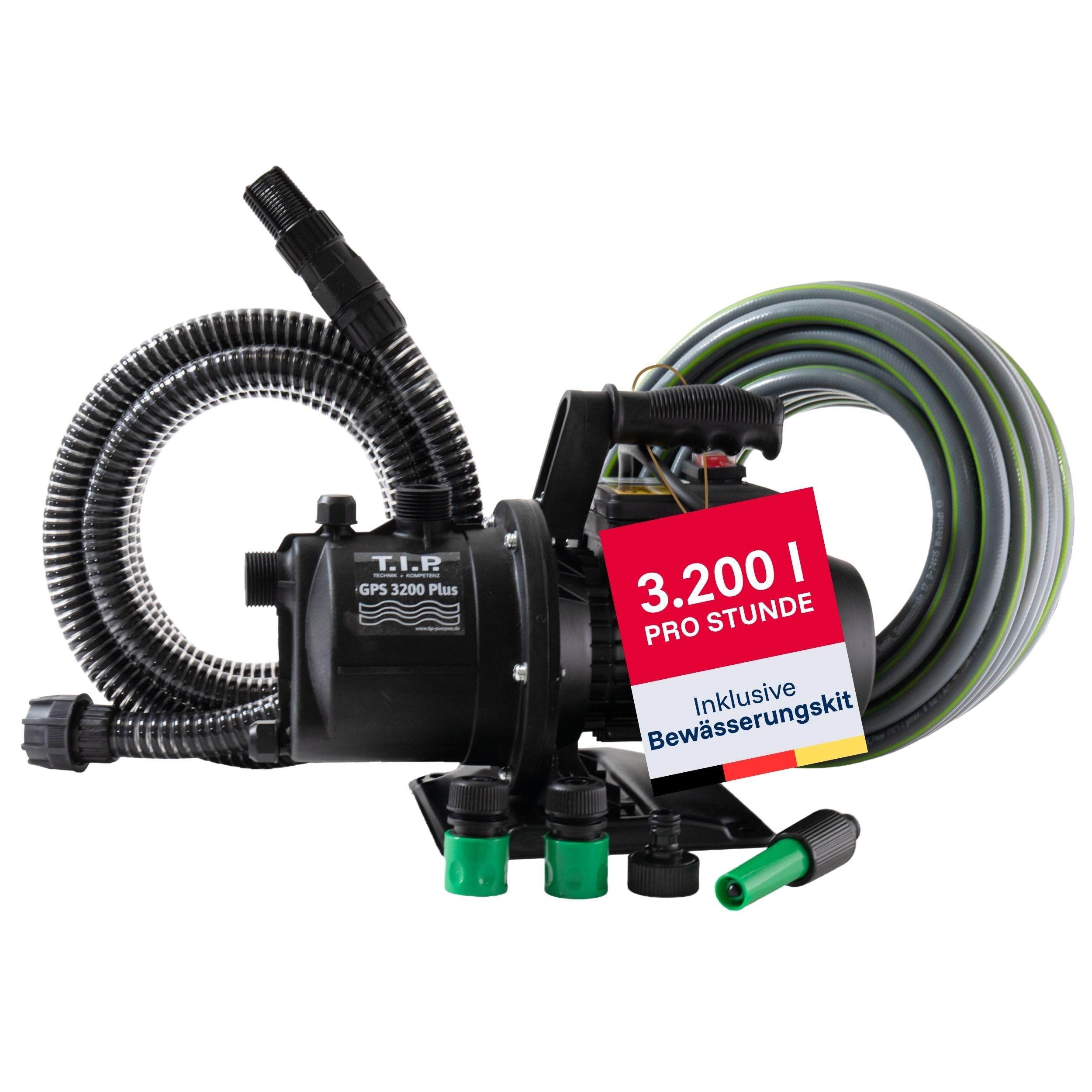 T.I.P. Gartenpumpe mit Bewässerungsset (3.200 l/h Fördermenge, 42 m Förderhöhe, 4,2 bar Druck, GFK, inkl. 20m Bewässerungsschlauch, 4m Saugschlauch, 3x Anschlussstück, 1x Spritze) GPS 3200 Plus, 30172