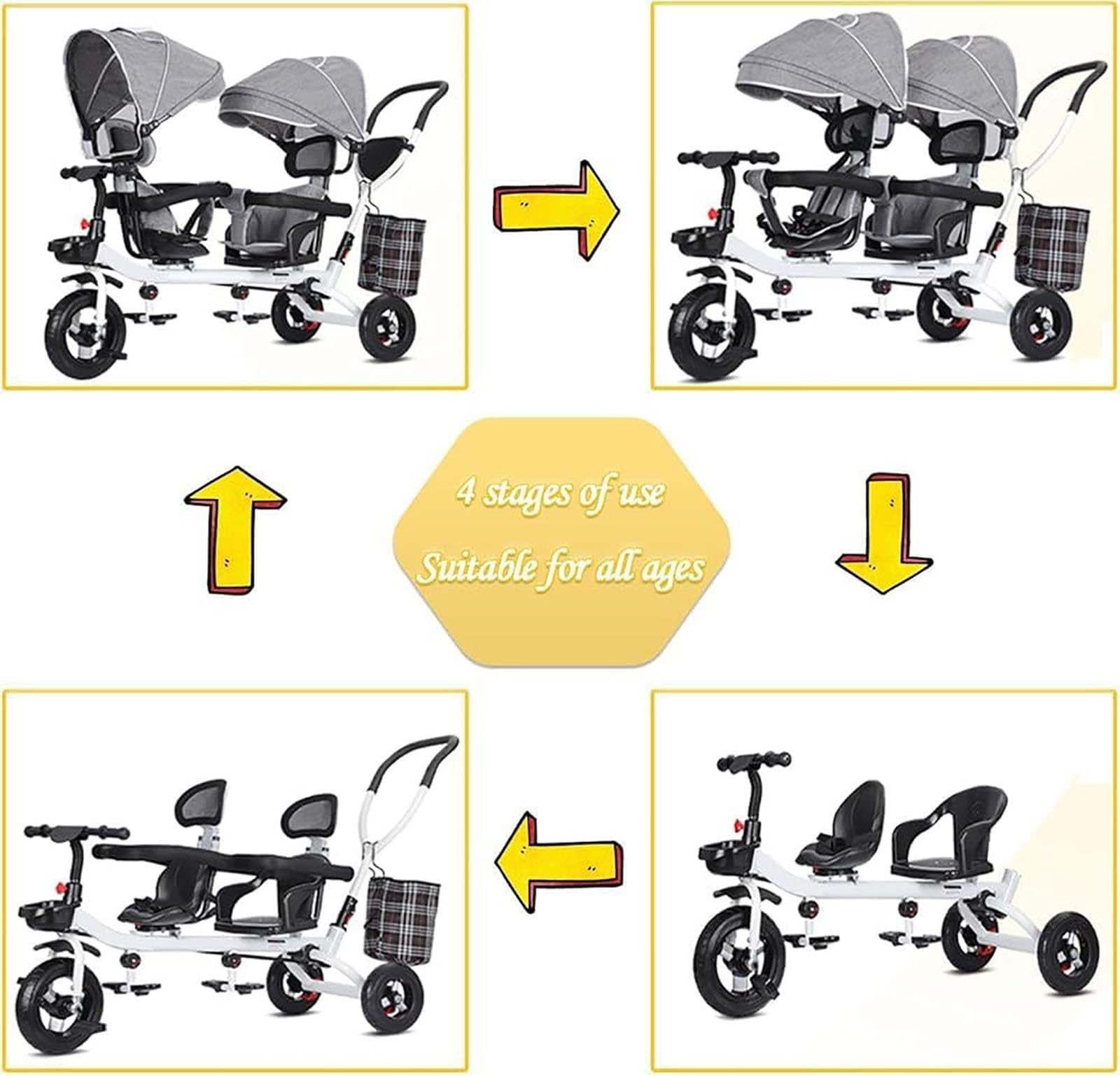 Triciclo de bebé 4 en 1para Gemelos, Cochecito Infantil,