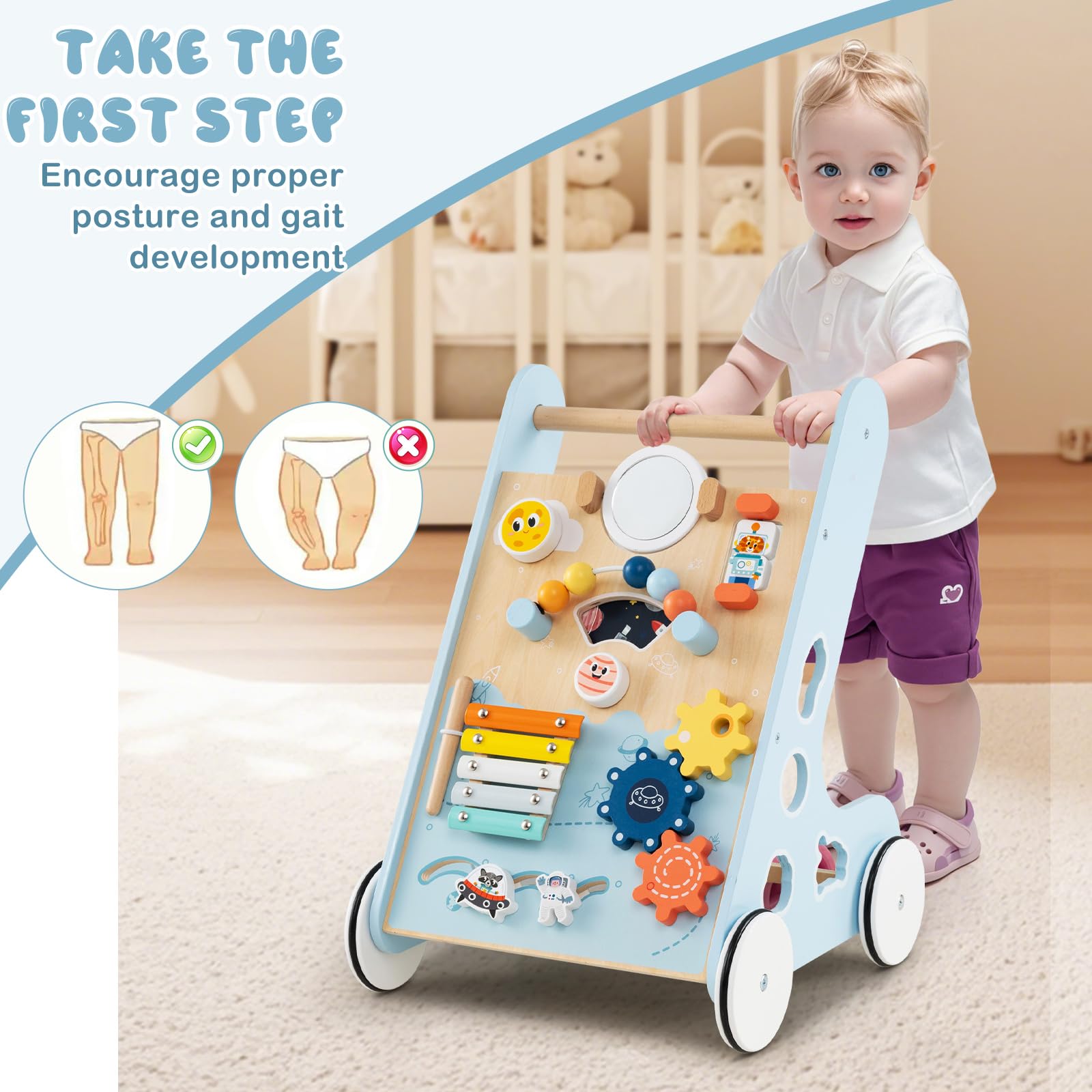 LIFEZEAL Chariot de Marche Bébé en Bois, Trotteur Evolutif 8 en 1 Multifonctionnel, Centre d'activité avec Xylophone en métal, Jouet éducatif, Marcheur pour Bebe 1+ an (bleu)