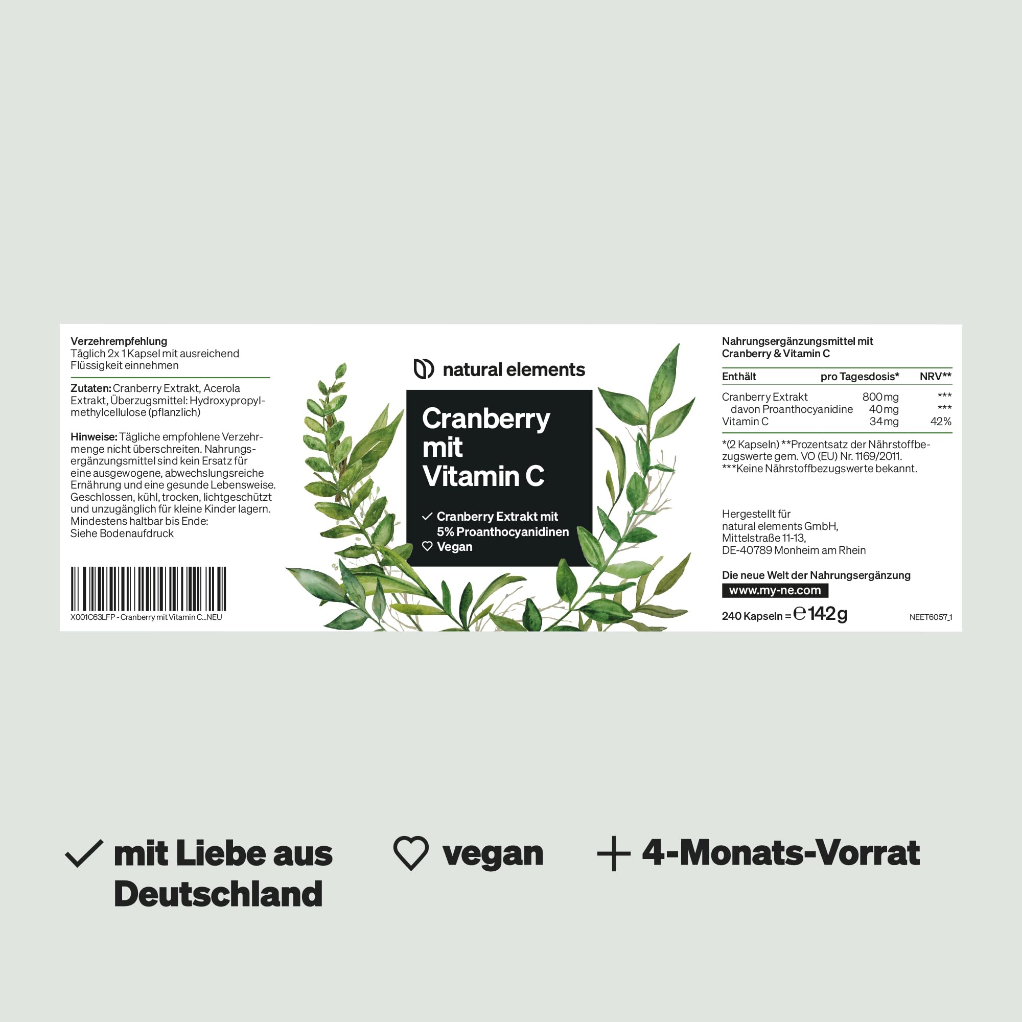 natural elements Cranberry Extrakt mit Vitamin C – 25:1 Extrakt (entspricht 20.000mg Cranberries pro Tagesdosis) – 240 Kapseln – laborgeprüft, vegan, hochdosiert, ohne unerwünschte Zusätze