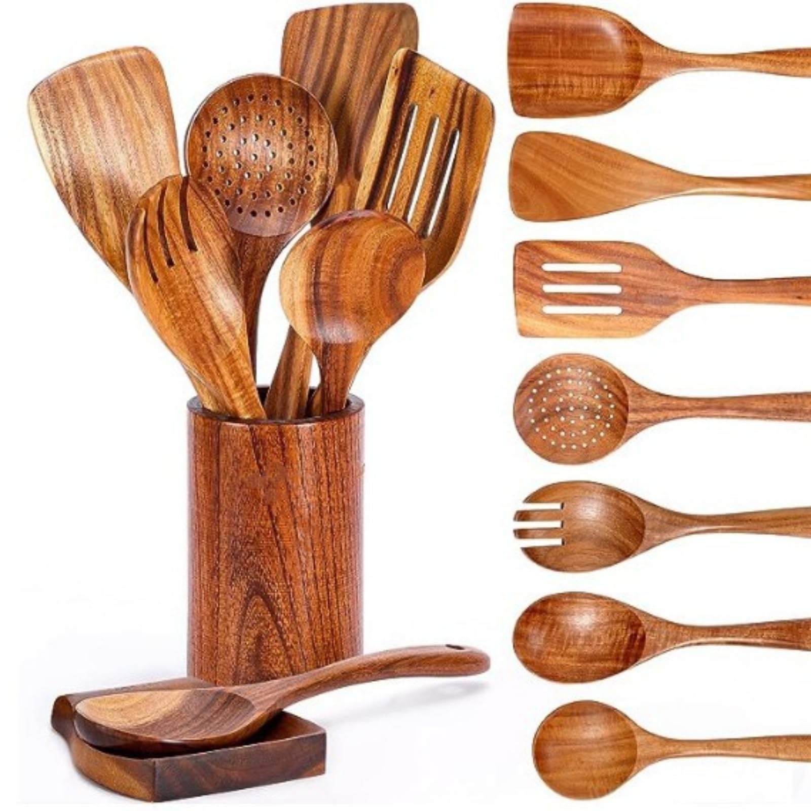 Holzkochlöffel, 9 Stück Holzlöffel zum Kochen, Premium Kochlöffel Set, Küchenutensilien aus Teakholz für das Kochen Rühren, Kochbesteck Set Perfekt für Ihre Küche