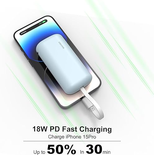 Miniatura 3 de Cargador portátil con cable USB-C integrado, 10000 mAh 18 W PD cargador de batería de carga rápida. Pantalla LED ultracompacta compatible con iPhone