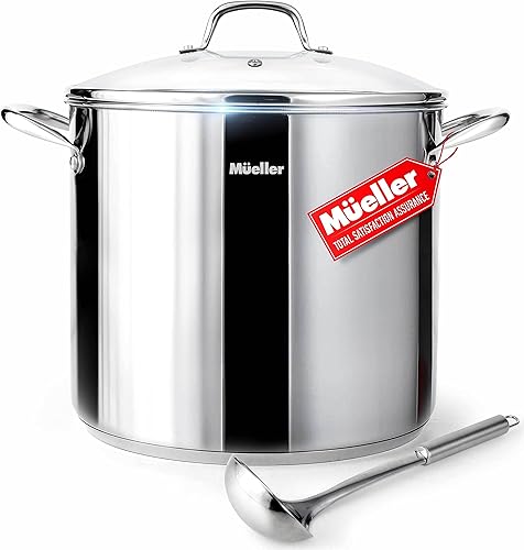 Mueller - Olla de cocina de acero inoxidable ultrarevestida de 16 cuartos con tapa y cucharón, gran capacidad para sopa, caldo, chile, cacerola,