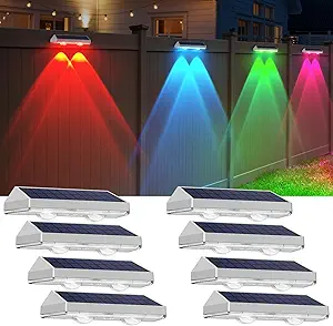 8 Pack Solar Fence Lights Outdoor - Warm White & RGB 6 Color, Dusk to Dawn Deck Light, Solar Powered Light Outdoor IP65 Waterproof, Solar Garden Lights for Outside/Backyard/Railing/Step/Patio/Wall