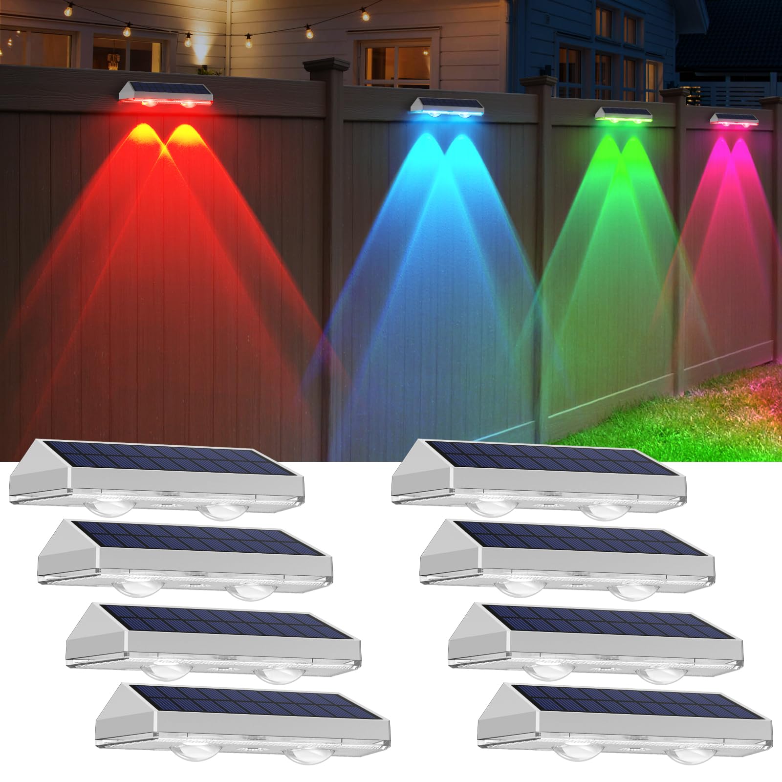 8 Pack Solar Fence Lights Outdoor, Warm White & RGB 6 Colors Deck Light, Dusk to Dawn Solar Light IP65 Waterproof, Solar Garden Lights Outdoor