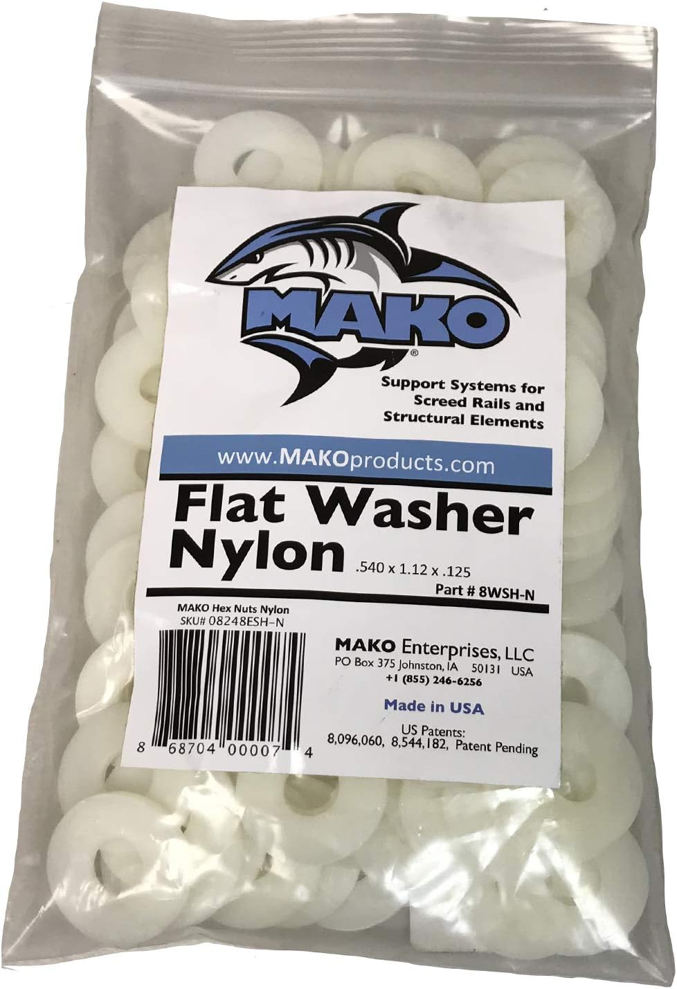 MAKO Nylon Flat Washers, 100 Pieces per Bag, 1/2" x 1-1/4" x 1/8"