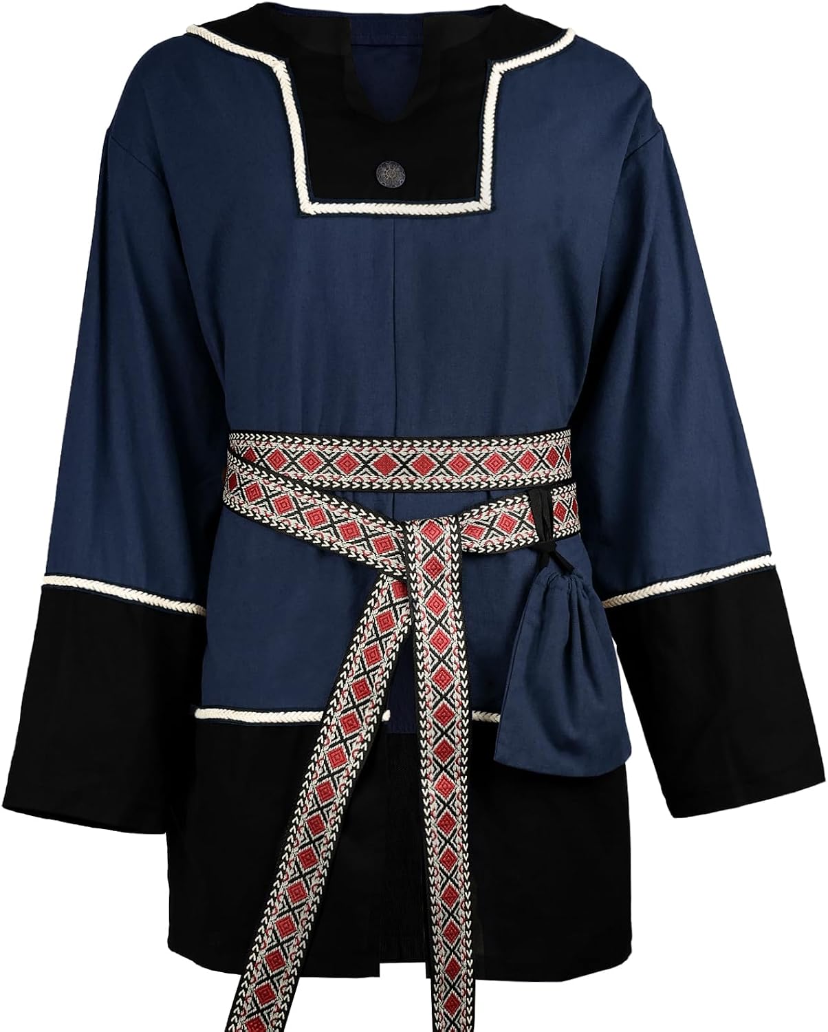 HiiFeuer 3 PCs Medieval Tunic Set, Renaissance Patchwork Top Costume Sash Belt Drawstring Canvas Bag Pirate Shirt Ren Faire