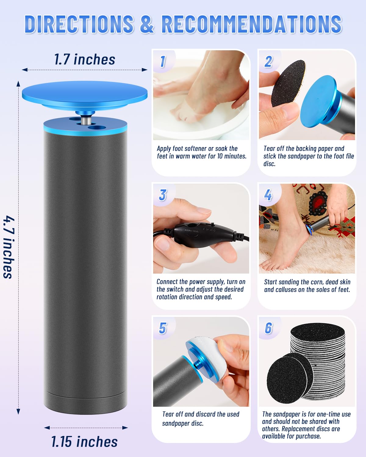 DERMAWAVE Lima eléctrica para pies, removedor de callos para pies, herramienta de pedicura profesional con 60 discos de papel de lija para hombres y mujeres